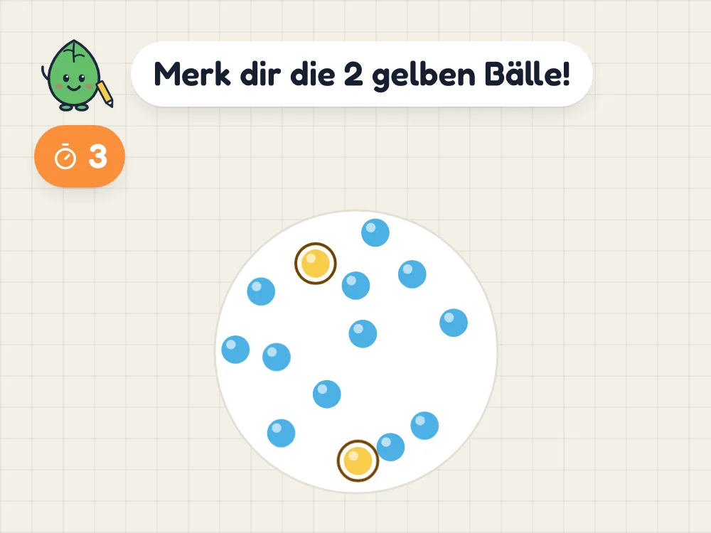 Adlerauge auf dem Bildschirm: Ein runder Spielplatz mit 14 bunten Bällen. 2 davon leuchten gelb, die soll sich dein Kind merken.