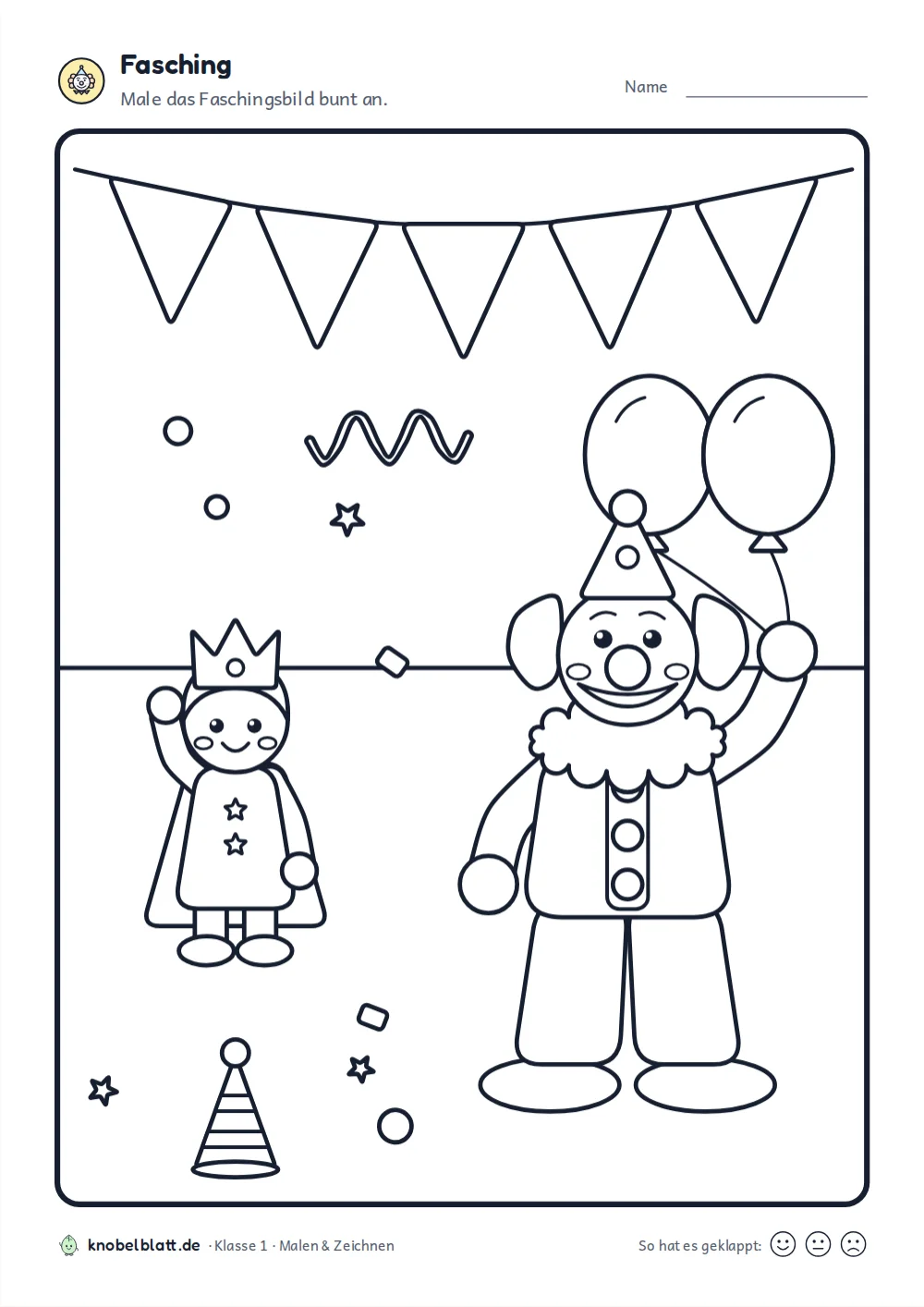Ausmalbilder Fasching und Karneval: Clown mit Luftballons und ein kleiner König unter der Wimpelkette, Klasse 1