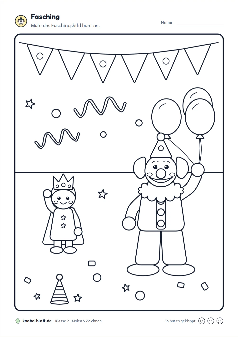 Ausmalbilder Fasching und Karneval: Clown mit Luftballons und ein kleiner König unter der Wimpelkette, Klasse 2