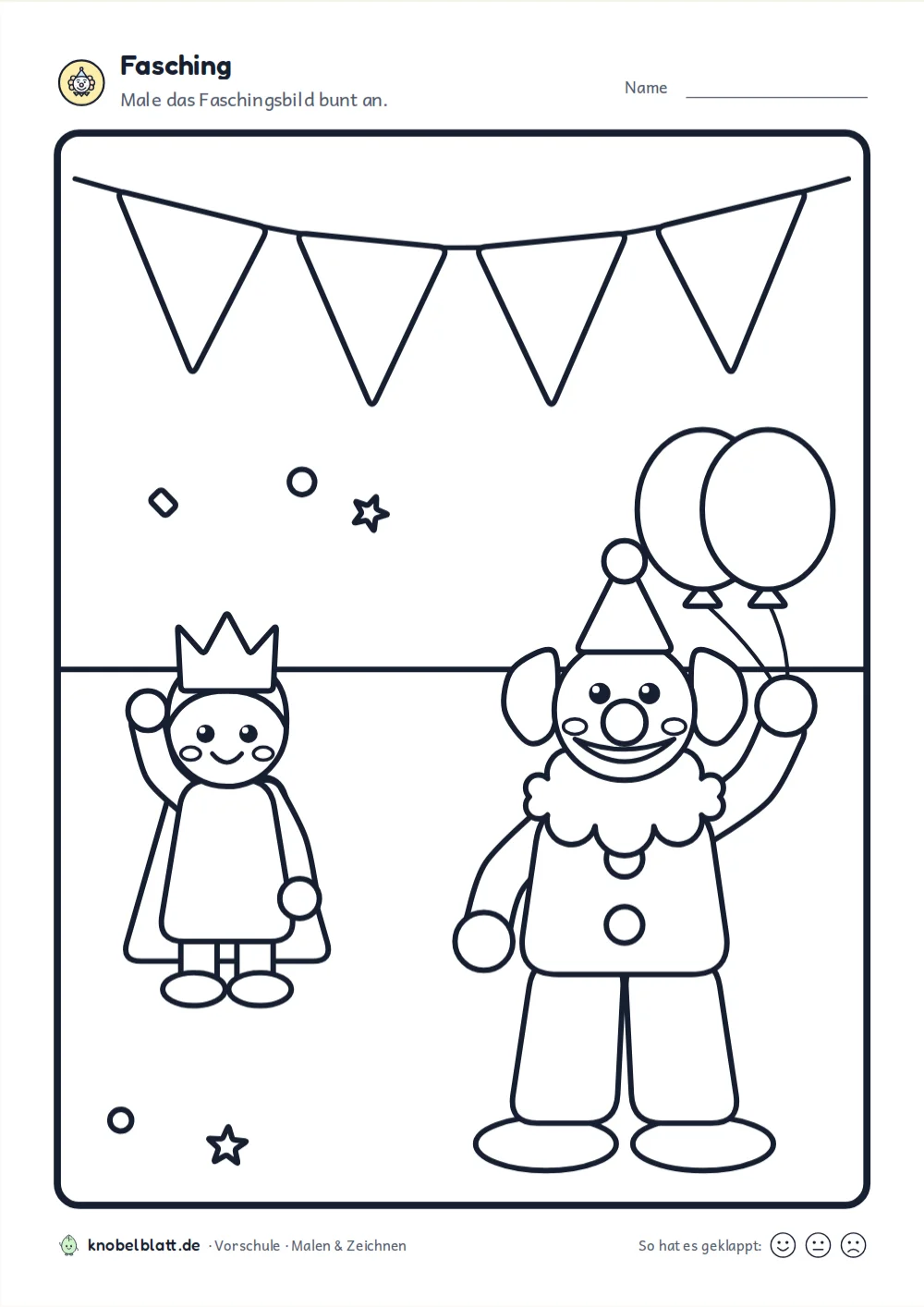 Ausmalbilder Fasching und Karneval: Clown mit Luftballons und ein kleiner König unter der Wimpelkette, Vorschule