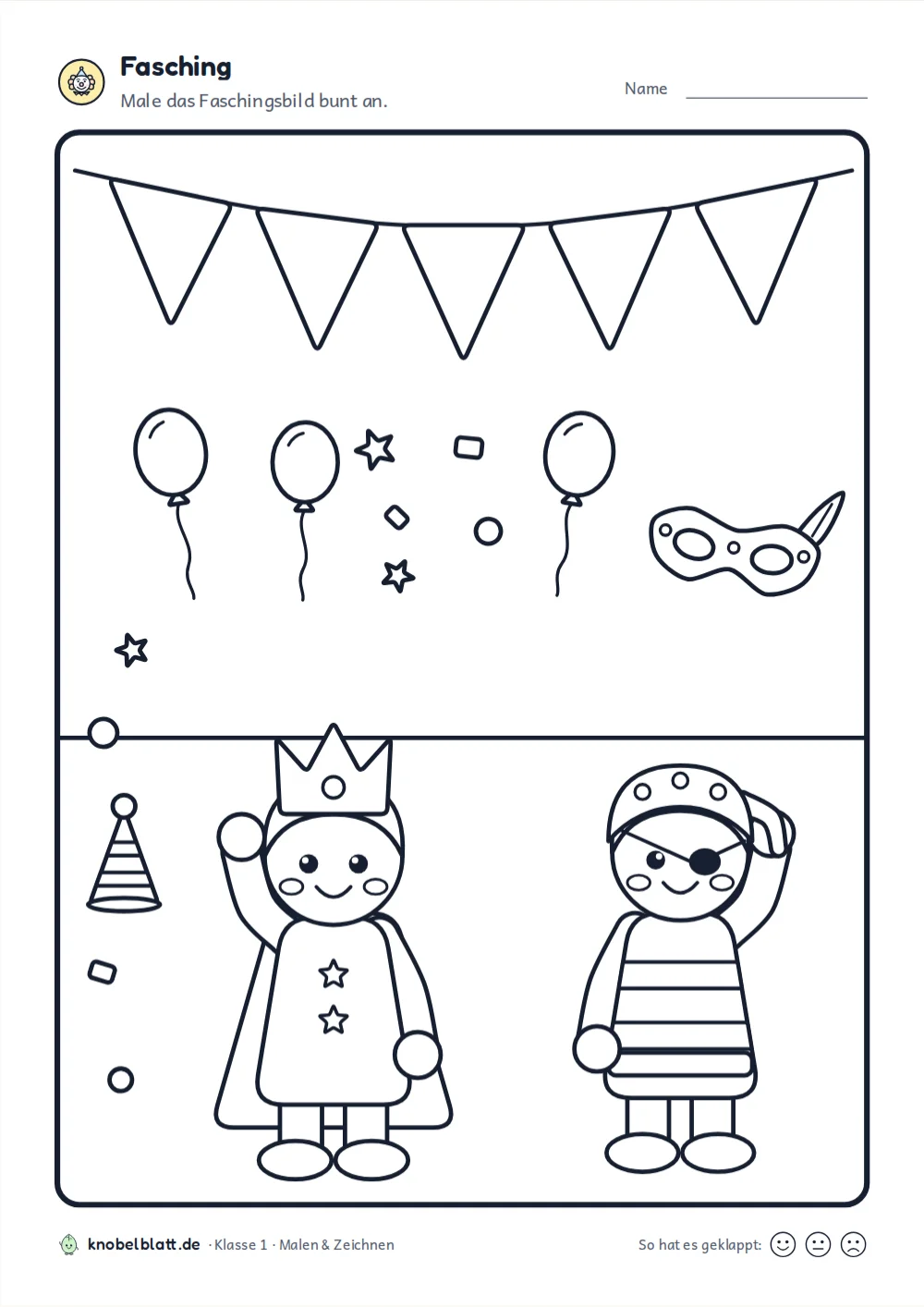 Ausmalbilder Fasching und Karneval: Kinder als König und Pirat, darüber Luftballons und eine Maske, Klasse 1