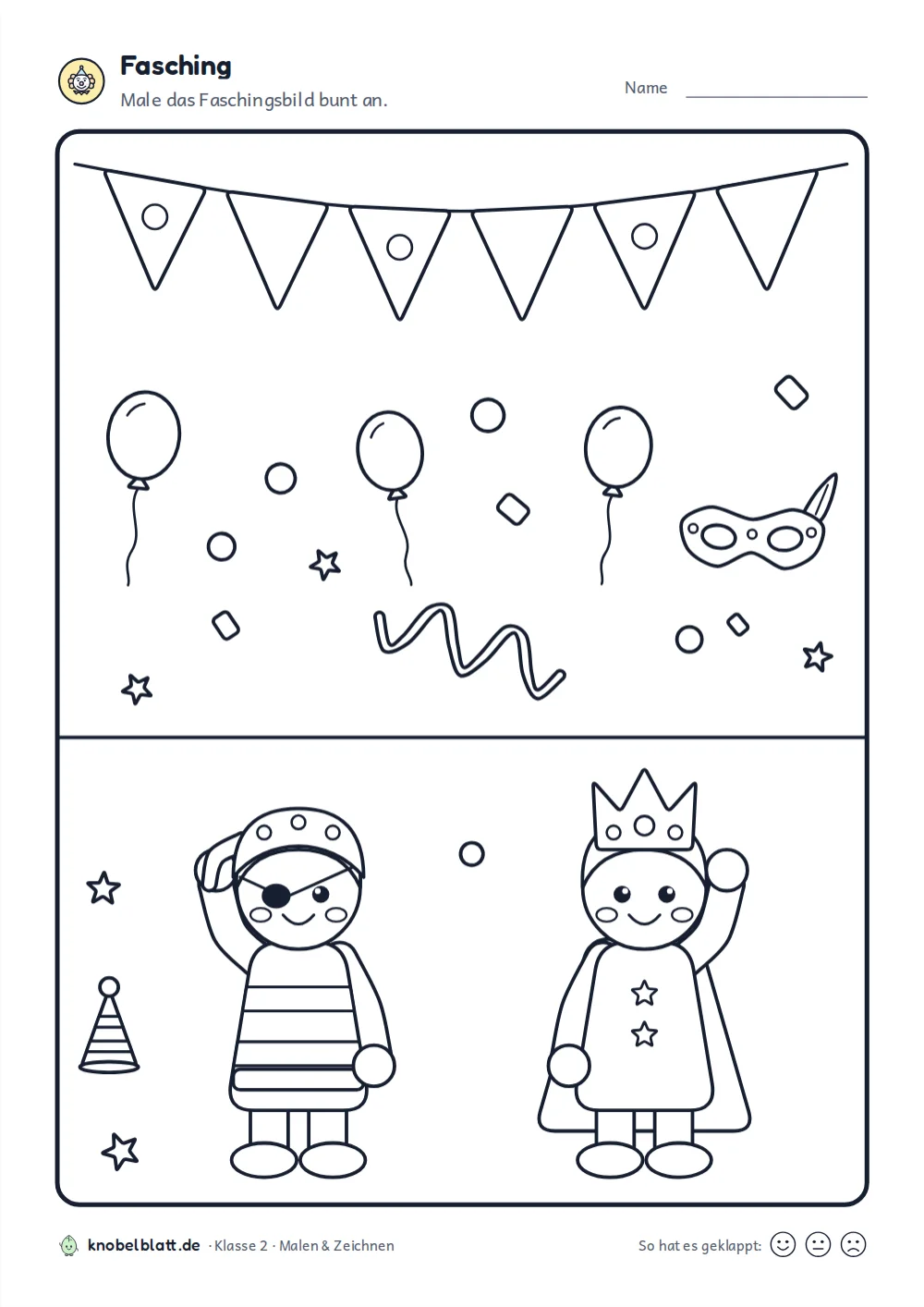 Ausmalbilder Fasching und Karneval: Kinder als König und Pirat, darüber Luftballons und eine Maske, Klasse 2