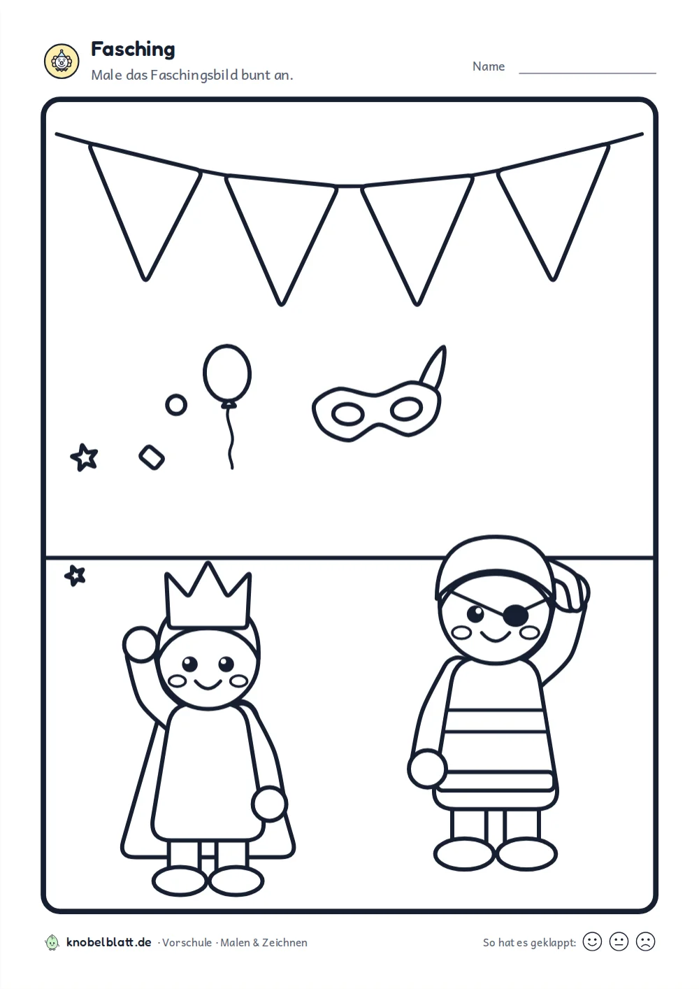 Ausmalbilder Fasching und Karneval: Kinder als König und Pirat, darüber Luftballons und eine Maske, Vorschule