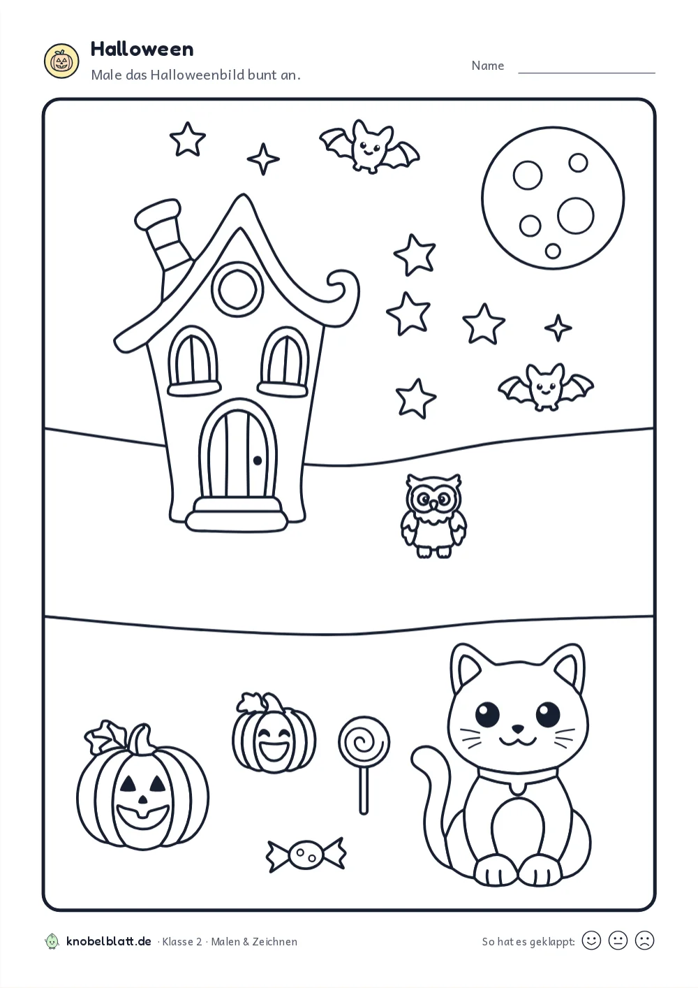 Ausmalbilder Halloween zum Ausdrucken: „Halloween“ für Klasse 2. Male das Halloweenbild bunt an.