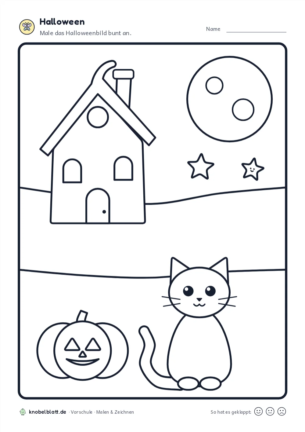 Arbeitsblatt „Halloween“ für die Vorschule: Male das Halloweenbild bunt an.