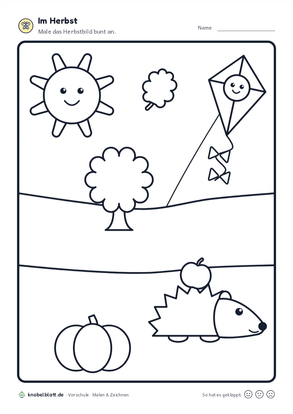 Arbeitsblatt „Im Herbst“ für die Vorschule: Male das Herbstbild bunt an.