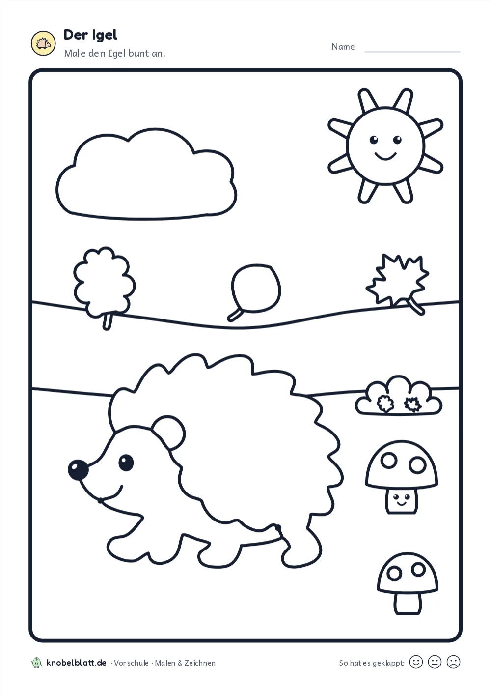 Igel Ausmalbilder zum Ausdrucken: „Der Igel“ für die Vorschule. Male den Igel bunt an.