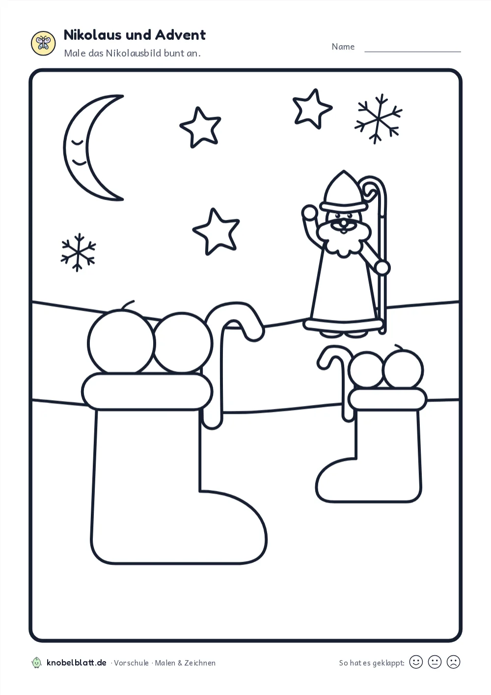 Arbeitsblatt „Nikolaus und Advent“ für die Vorschule: Male das Nikolausbild bunt an.