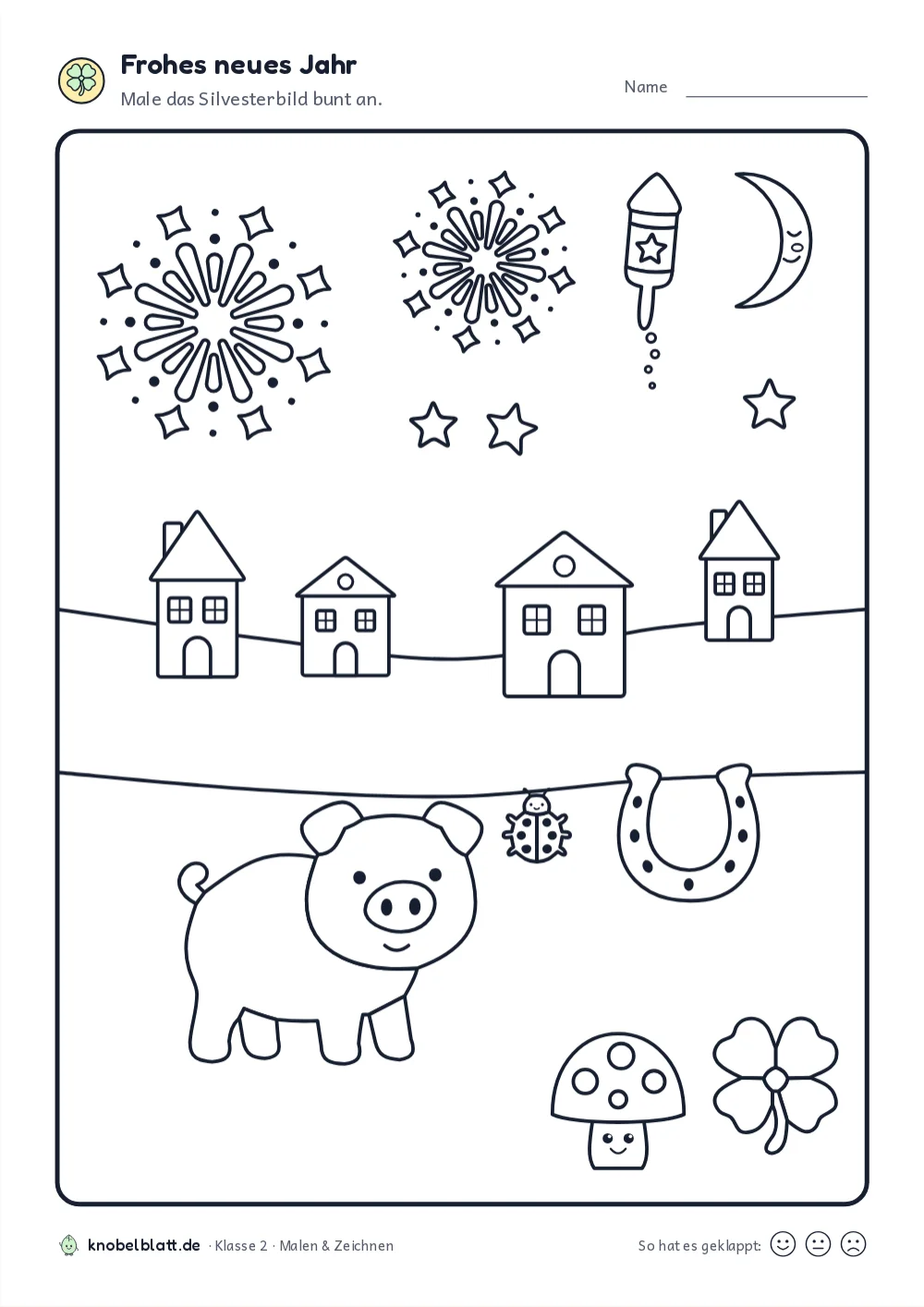Ausmalbilder Silvester zum Ausdrucken: „Frohes neues Jahr“ für Klasse 2. Male das Silvesterbild bunt an.