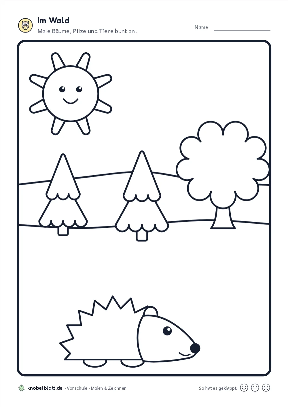 Ausmalbilder Wald und Waldtiere: „Im Wald“ für die Vorschule. Male Bäume, Pilze und Tiere bunt an.