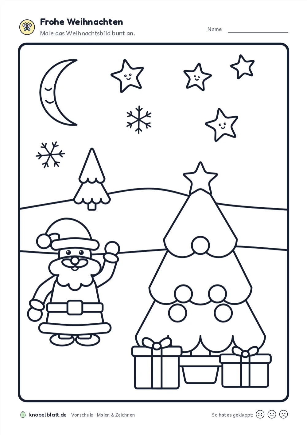 Arbeitsblatt „Frohe Weihnachten“ für die Vorschule: Male das Weihnachtsbild bunt an.