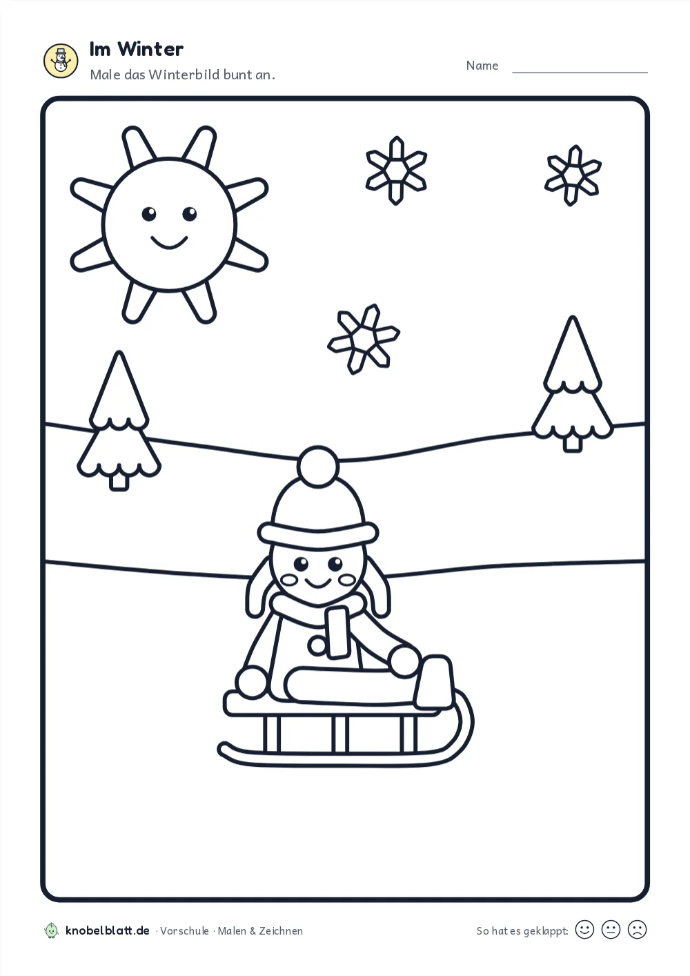 Ausmalbilder Winter zum Ausdrucken: „Im Winter“ für die Vorschule. Male das Winterbild bunt an.