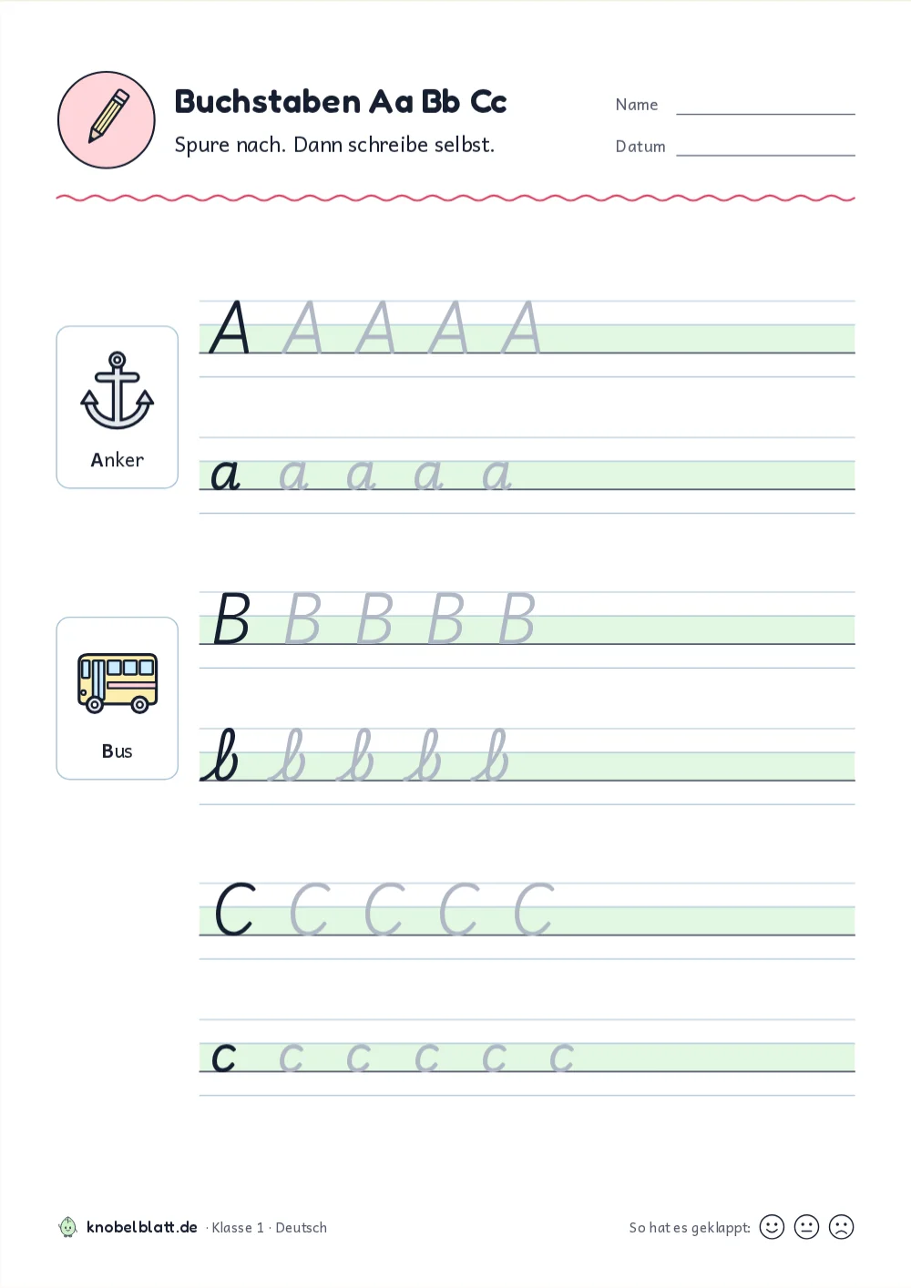 Schreibschrift Buchstaben zum Ausdrucken: A, B und C für Klasse 1
