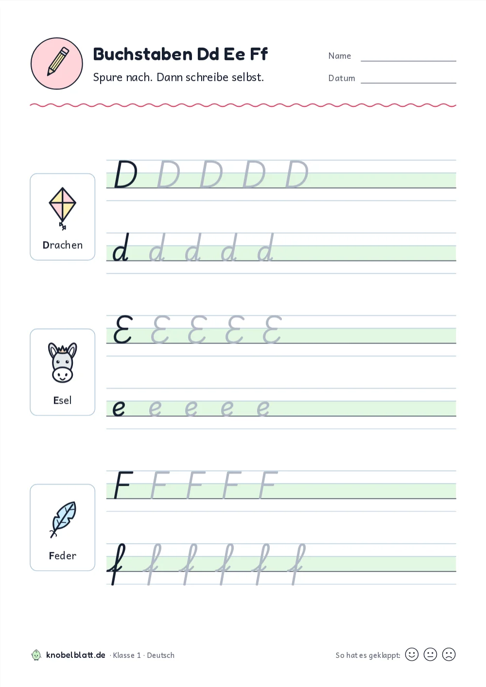 Schreibschrift Buchstaben zum Ausdrucken: D, E und F für Klasse 1