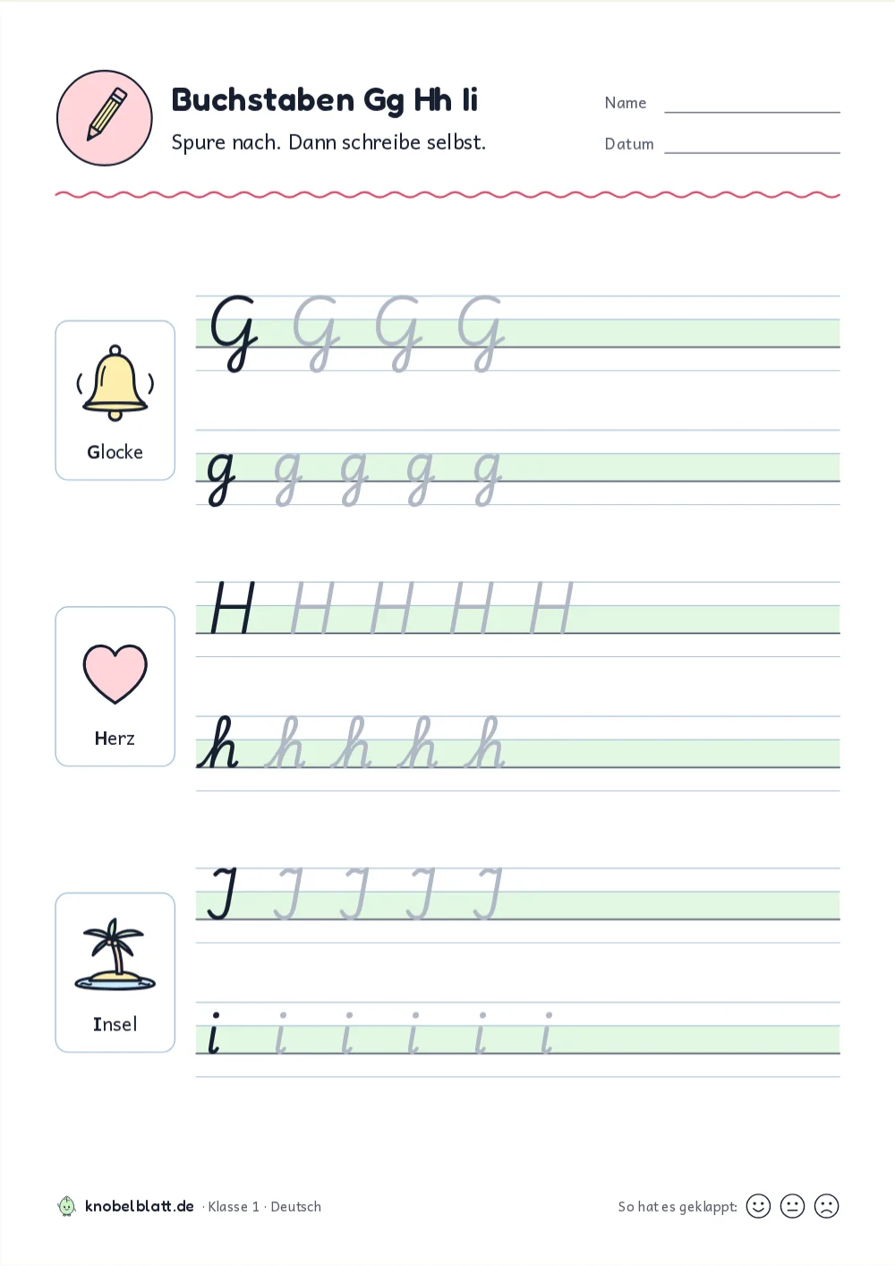 Schreibschrift Buchstaben zum Ausdrucken: G, H und I für Klasse 1