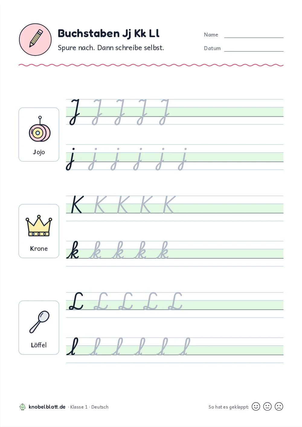 Schreibschrift Buchstaben zum Ausdrucken: J, K und L für Klasse 1