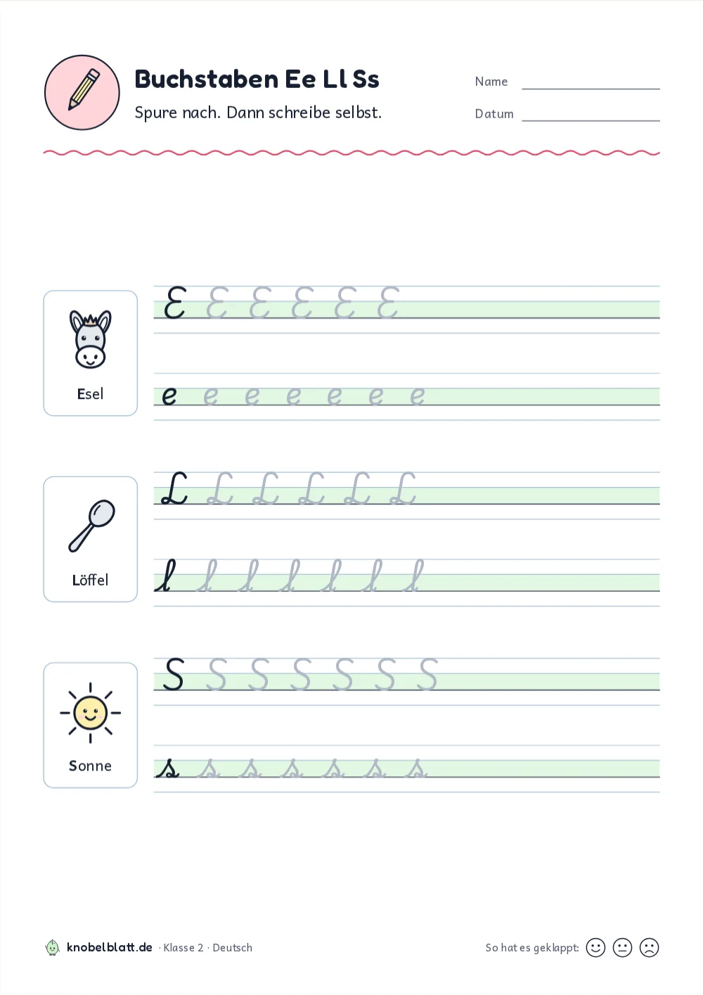 Schreibschrift Buchstaben zum Ausdrucken: „Buchstaben Ee Ll Ss“ für Klasse 2. Spure nach. Dann schreibe selbst.