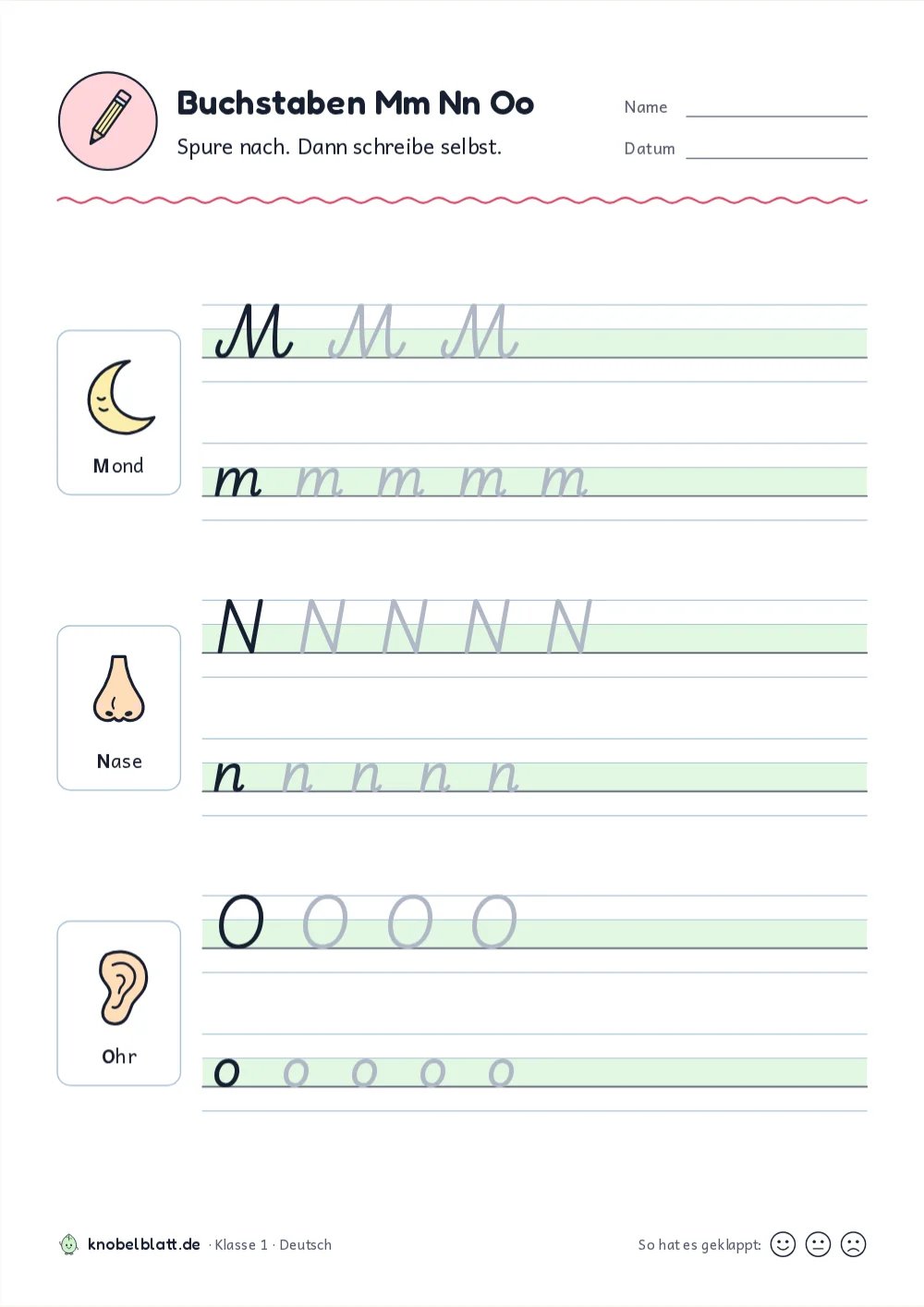 Schreibschrift Buchstaben zum Ausdrucken: M, N und O für Klasse 1