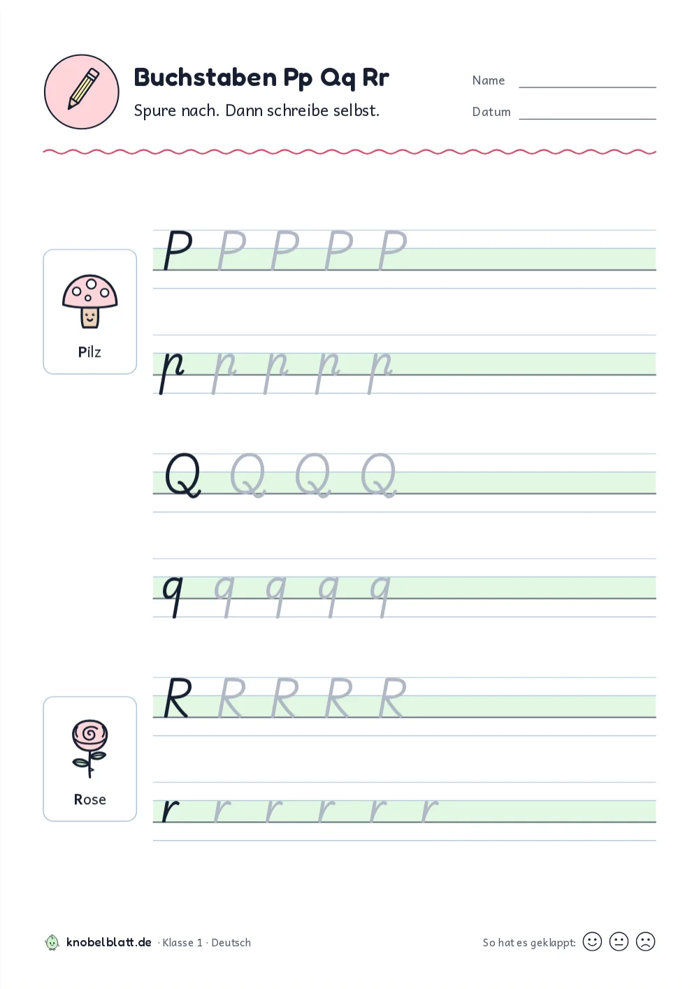 Schreibschrift Buchstaben zum Ausdrucken: P, Q und R für Klasse 1
