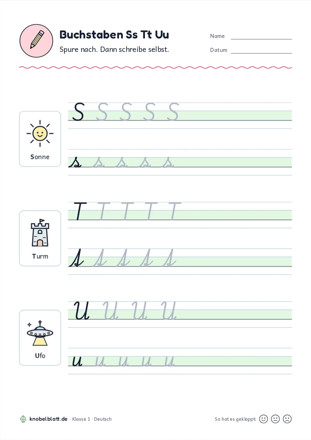 Schreibschrift Buchstaben zum Ausdrucken: S, T und U für Klasse 1