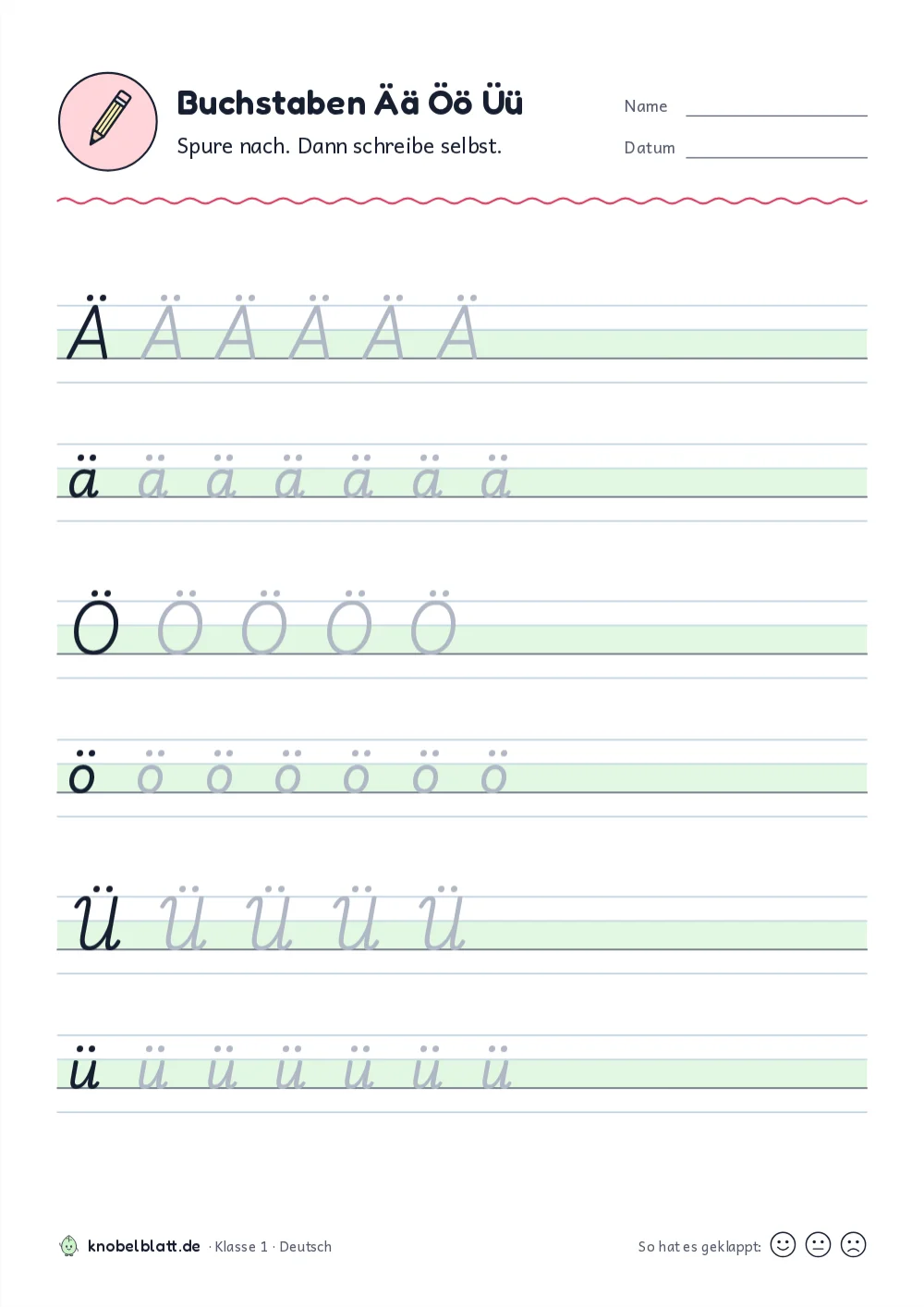 Schreibschrift Buchstaben zum Ausdrucken: Ä, Ö und Ü für Klasse 1