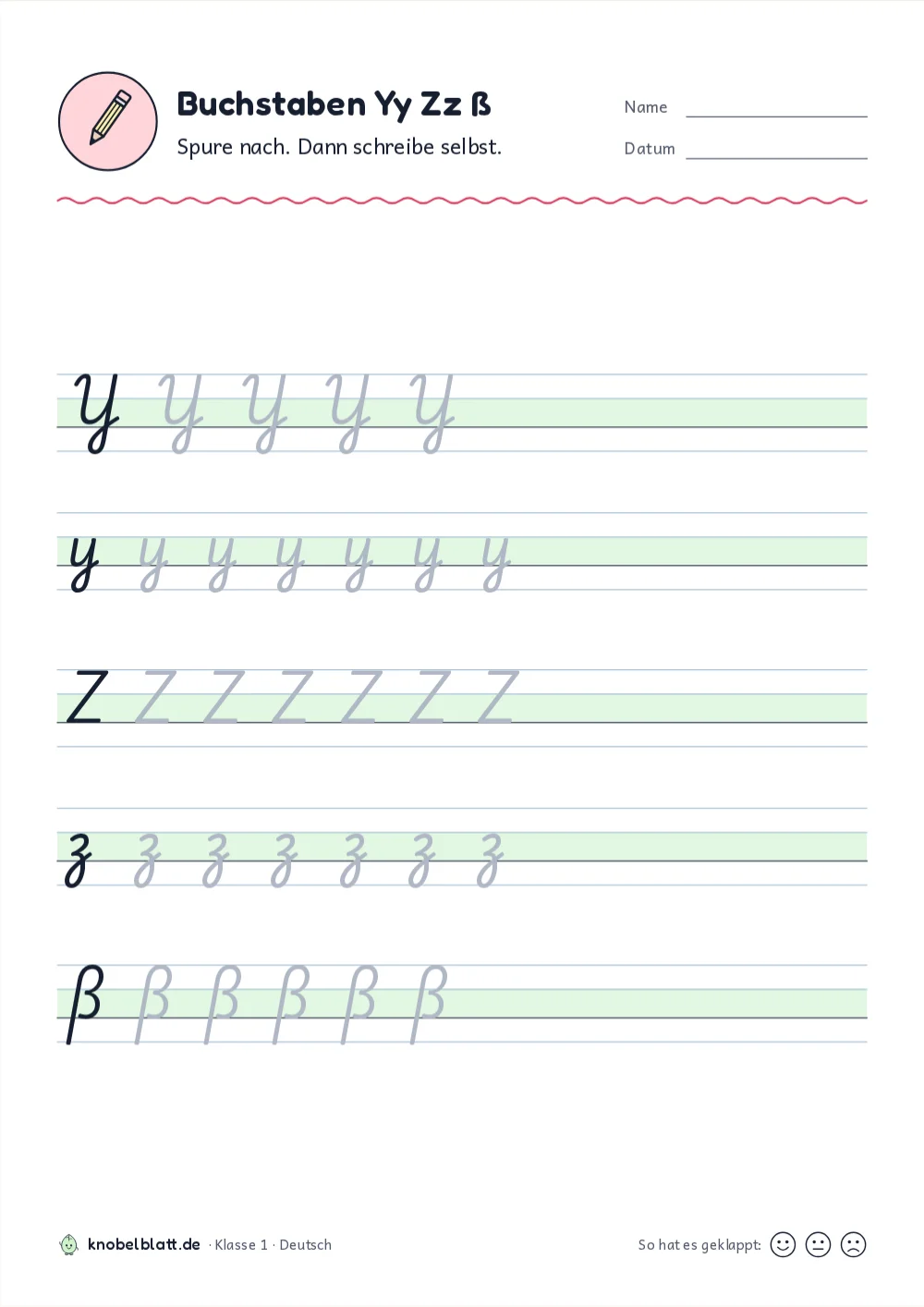 Schreibschrift Buchstaben zum Ausdrucken: Y, Z und ß für Klasse 1