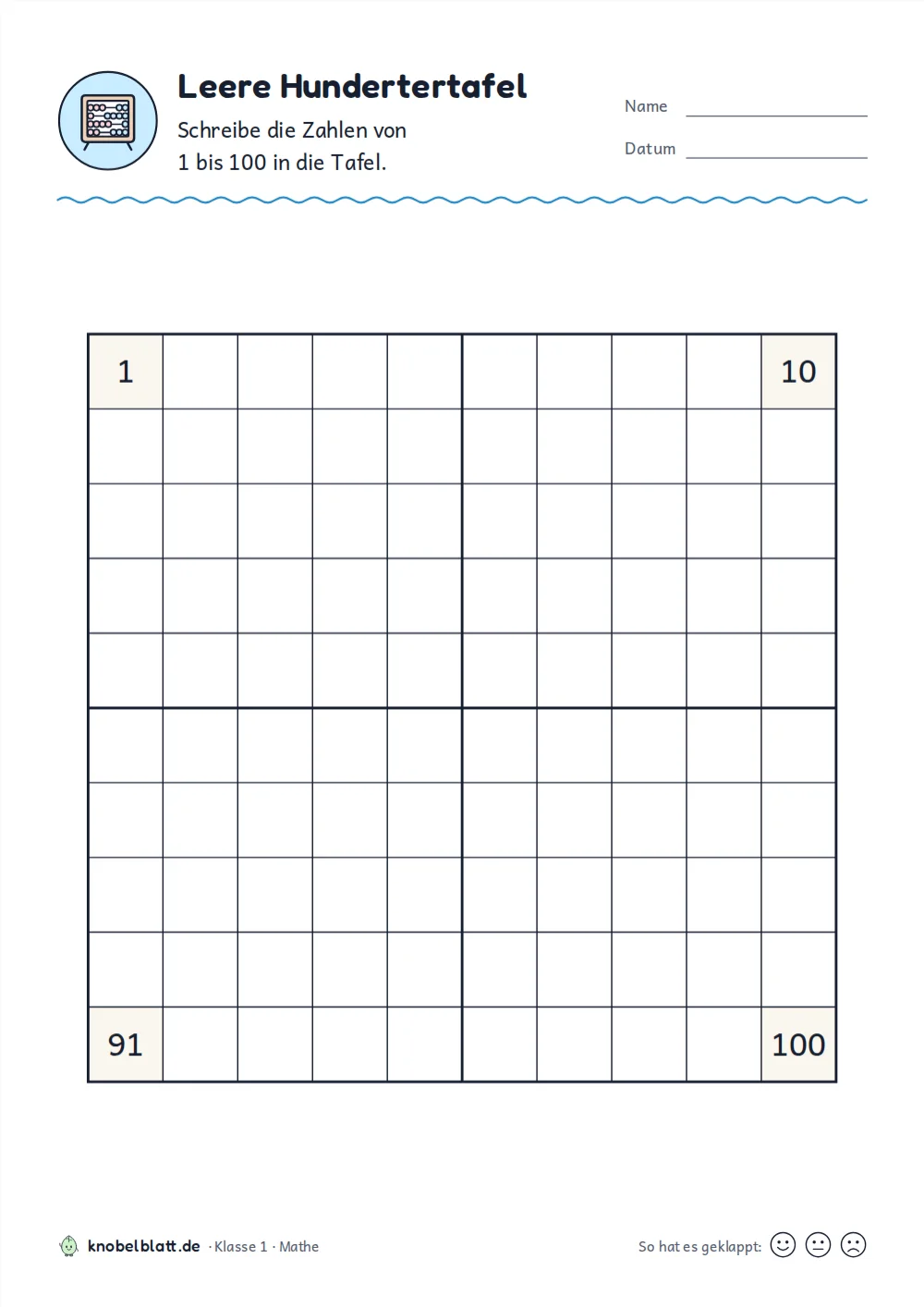 Hundertertafel leer zum Ausdrucken: „Leere Hundertertafel“ für Klasse 1. Schreibe die Zahlen von 1 bis 100 in die Tafel.