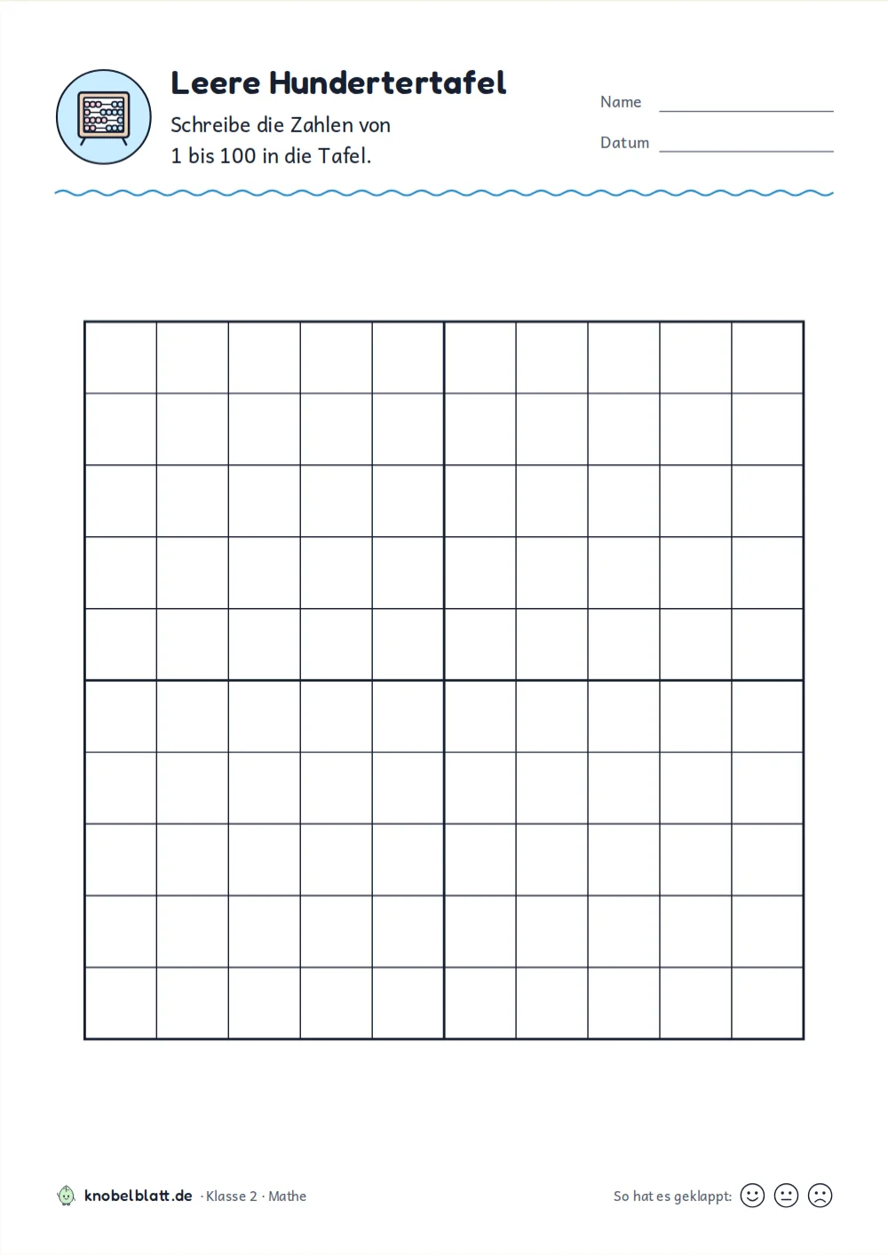 Hundertertafel leer zum Ausdrucken: „Leere Hundertertafel“ für Klasse 2. Schreibe die Zahlen von 1 bis 100 in die Tafel.