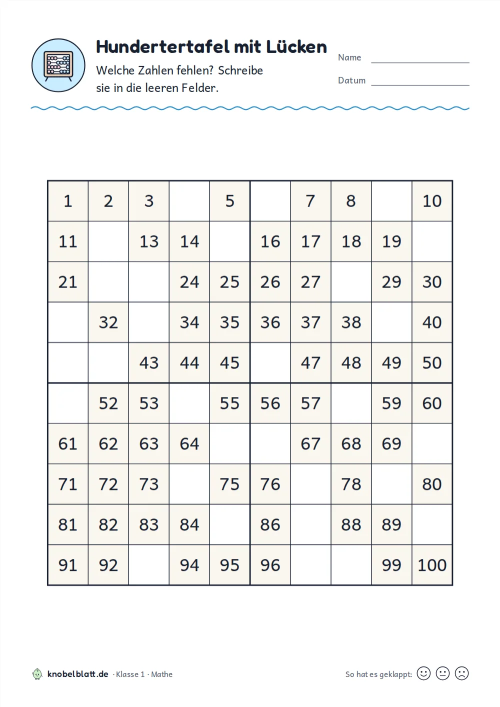 Hundertertafel mit Lücken zum Ausfüllen: „Hundertertafel mit Lücken“ für Klasse 1. Welche Zahlen fehlen? Schreibe sie in die leeren Felder.