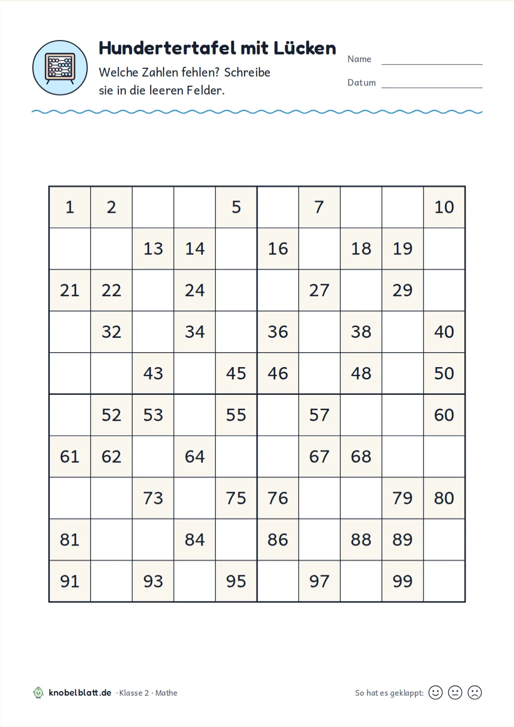 Hundertertafel mit Lücken zum Ausfüllen: „Hundertertafel mit Lücken“ für Klasse 2. Welche Zahlen fehlen? Schreibe sie in die leeren Felder.