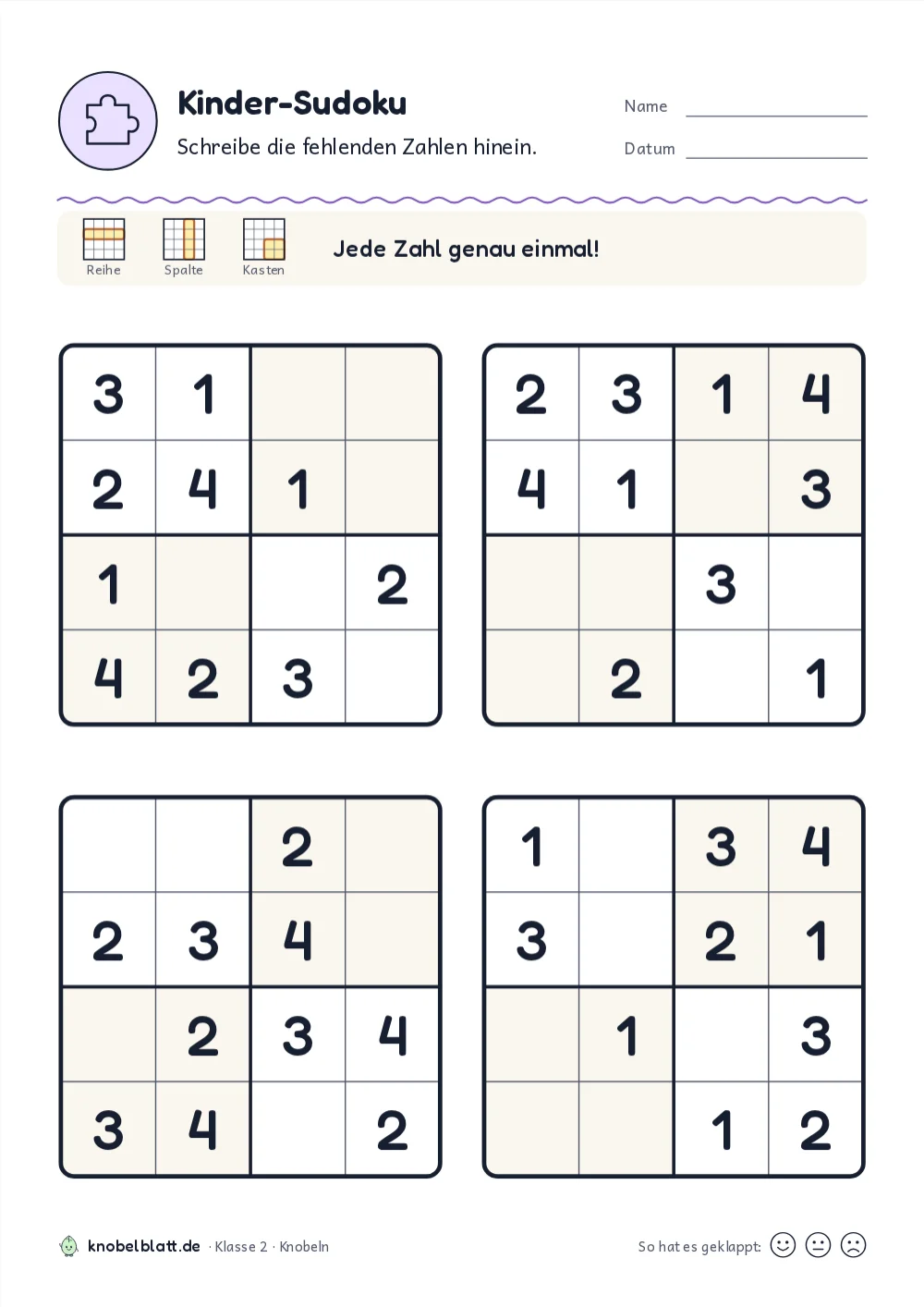 Sudoku 4x4 zum Ausdrucken für Kinder: „Kinder-Sudoku“ für Klasse 2. Schreibe die fehlenden Zahlen hinein.