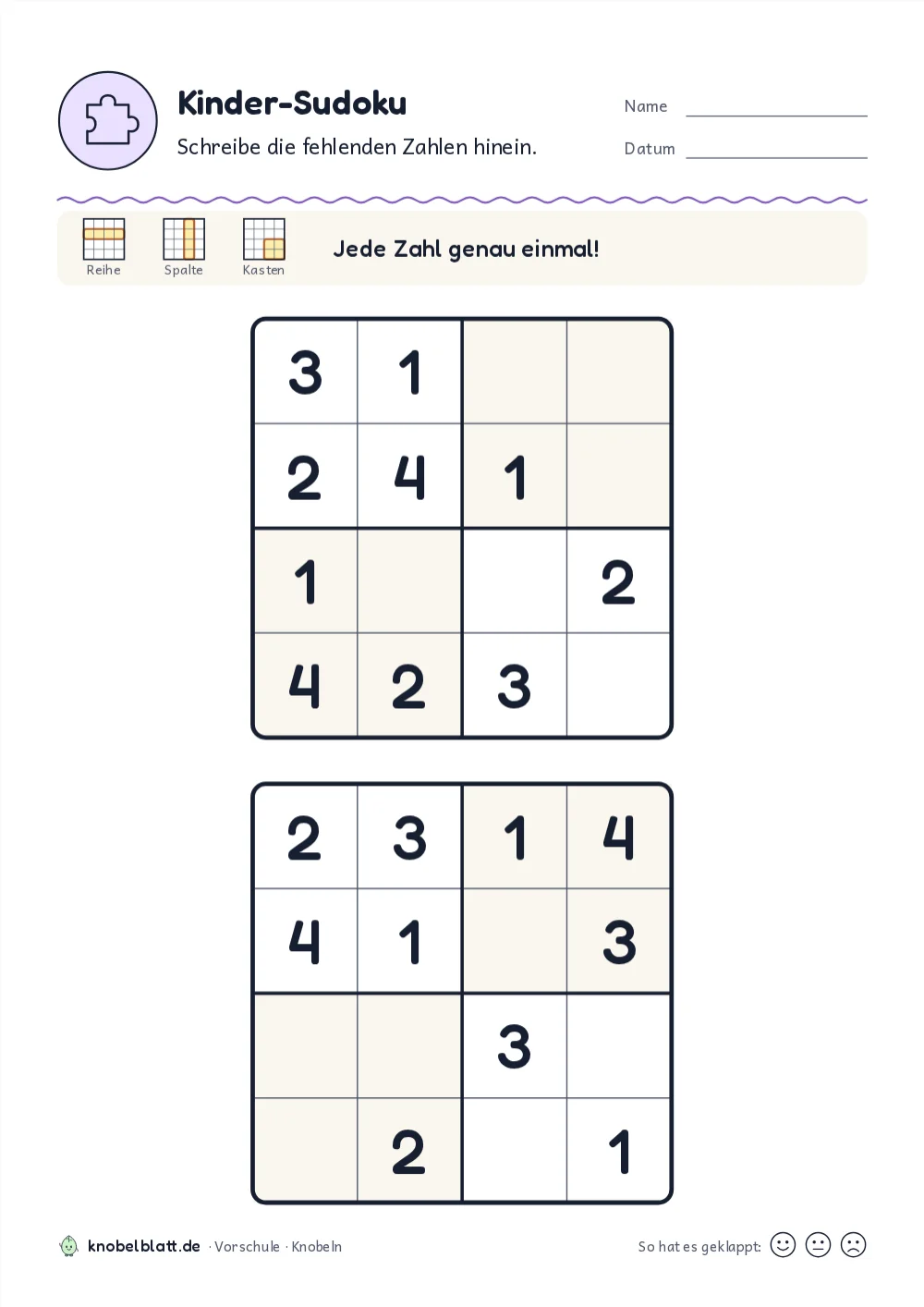 Sudoku 4x4 zum Ausdrucken für Kinder: „Kinder-Sudoku“ für die Vorschule. Schreibe die fehlenden Zahlen hinein.