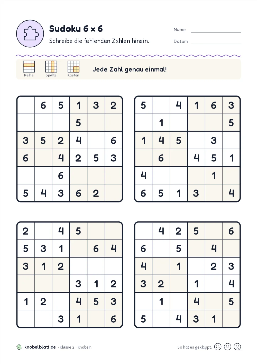 Sudoku 6x6 zum Ausdrucken für Kinder: „Sudoku 6 × 6“ für Klasse 2. Schreibe die fehlenden Zahlen hinein.
