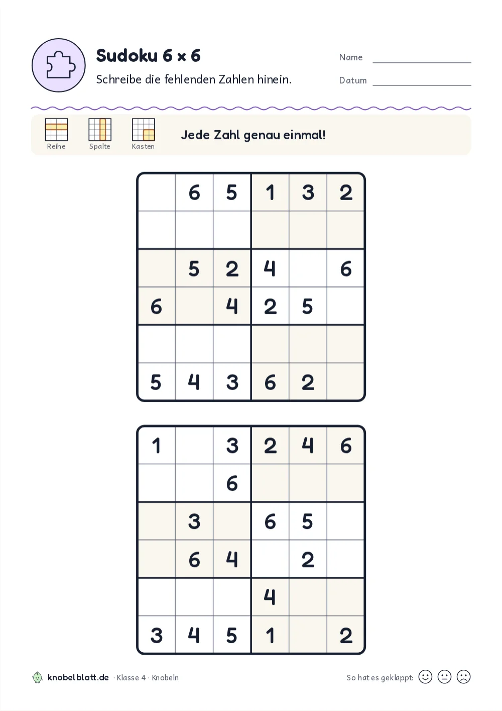 Sudoku 6x6 zum Ausdrucken für Kinder: „Sudoku 6 × 6“ für Klasse 4. Schreibe die fehlenden Zahlen hinein.