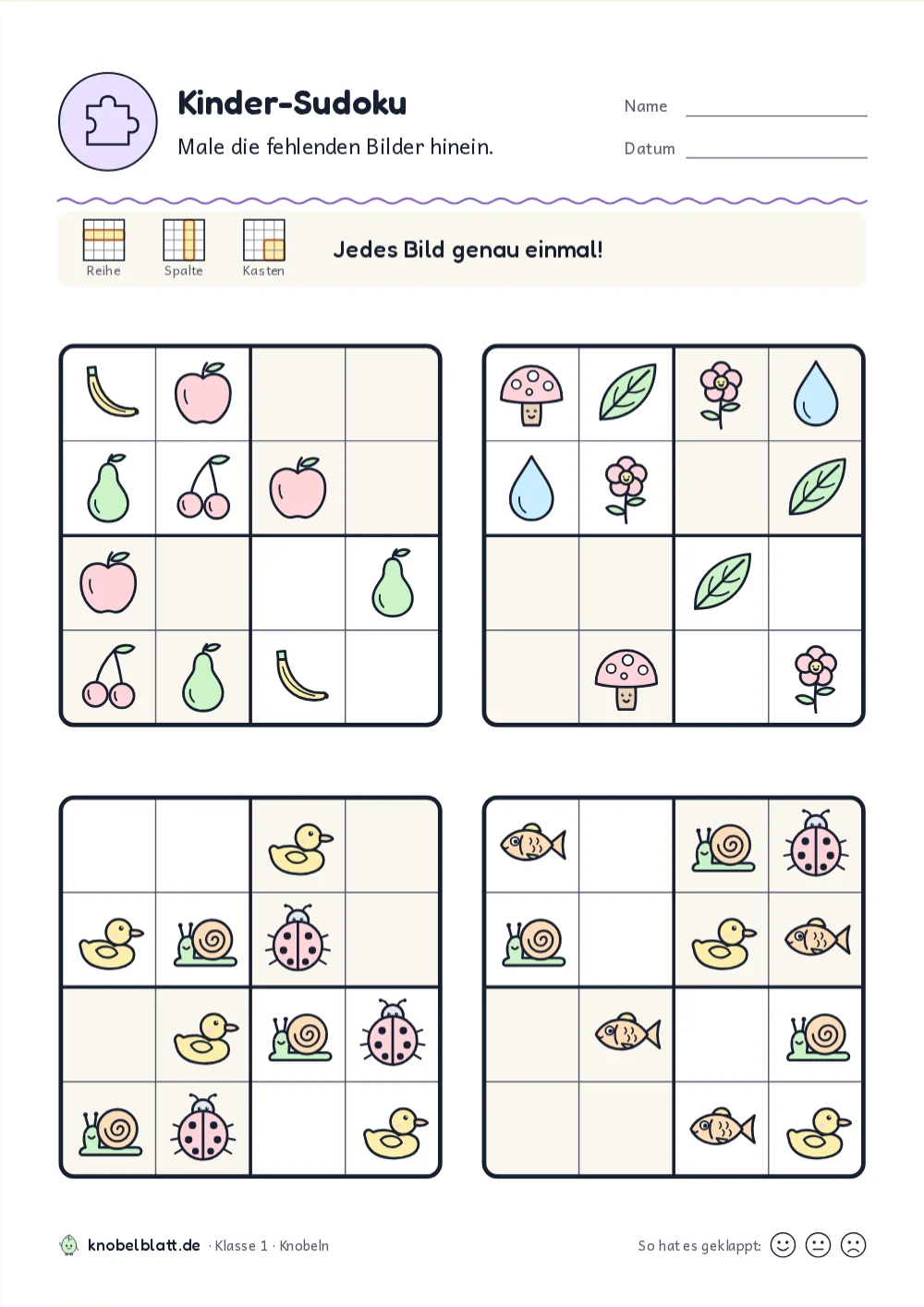 Bilder-Sudoku zum Ausdrucken: „Kinder-Sudoku“ für Klasse 1. Male die fehlenden Bilder hinein.