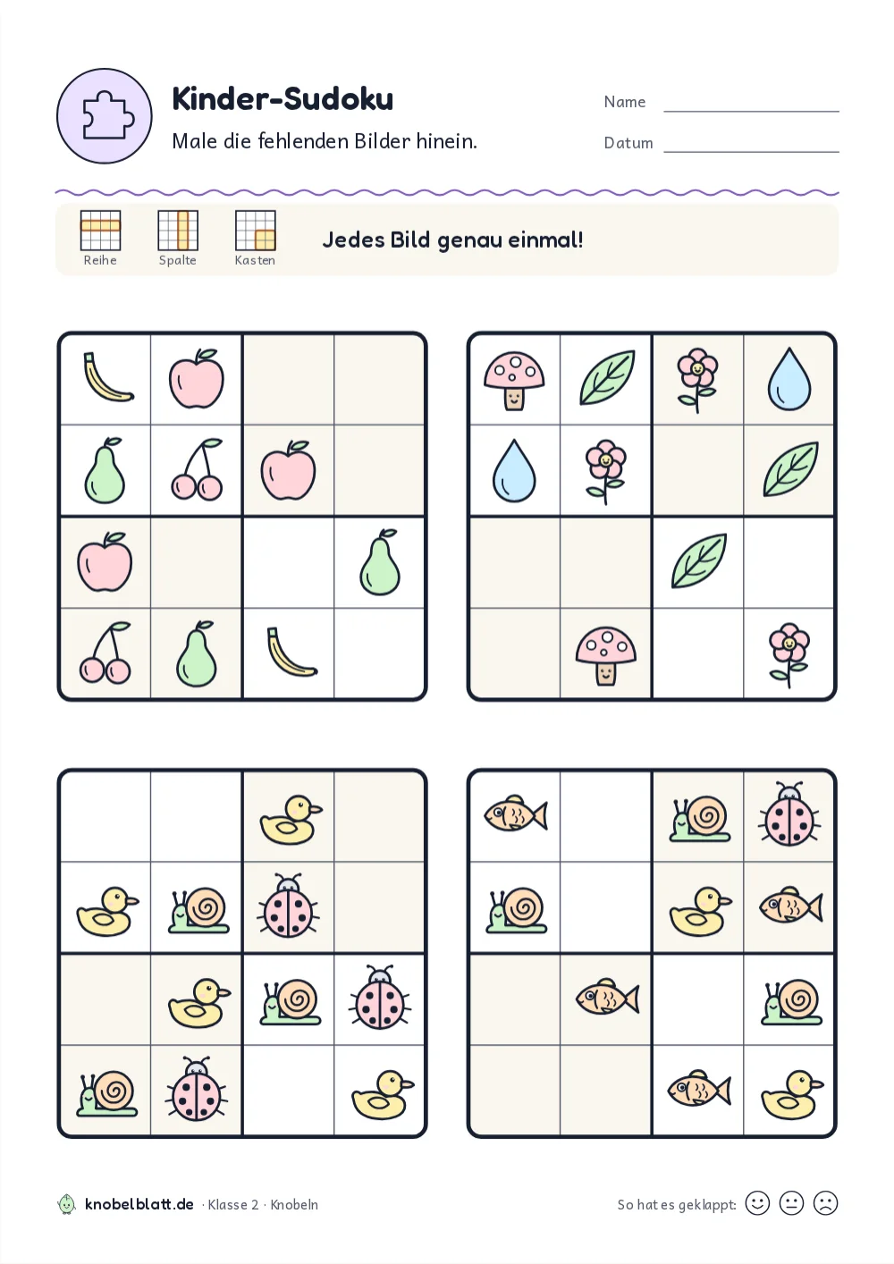 Bilder-Sudoku zum Ausdrucken: „Kinder-Sudoku“ für Klasse 2. Male die fehlenden Bilder hinein.