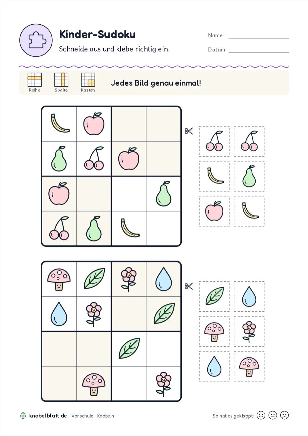 Bilder-Sudoku zum Ausdrucken: „Kinder-Sudoku“ für die Vorschule. Schneide aus und klebe richtig ein.