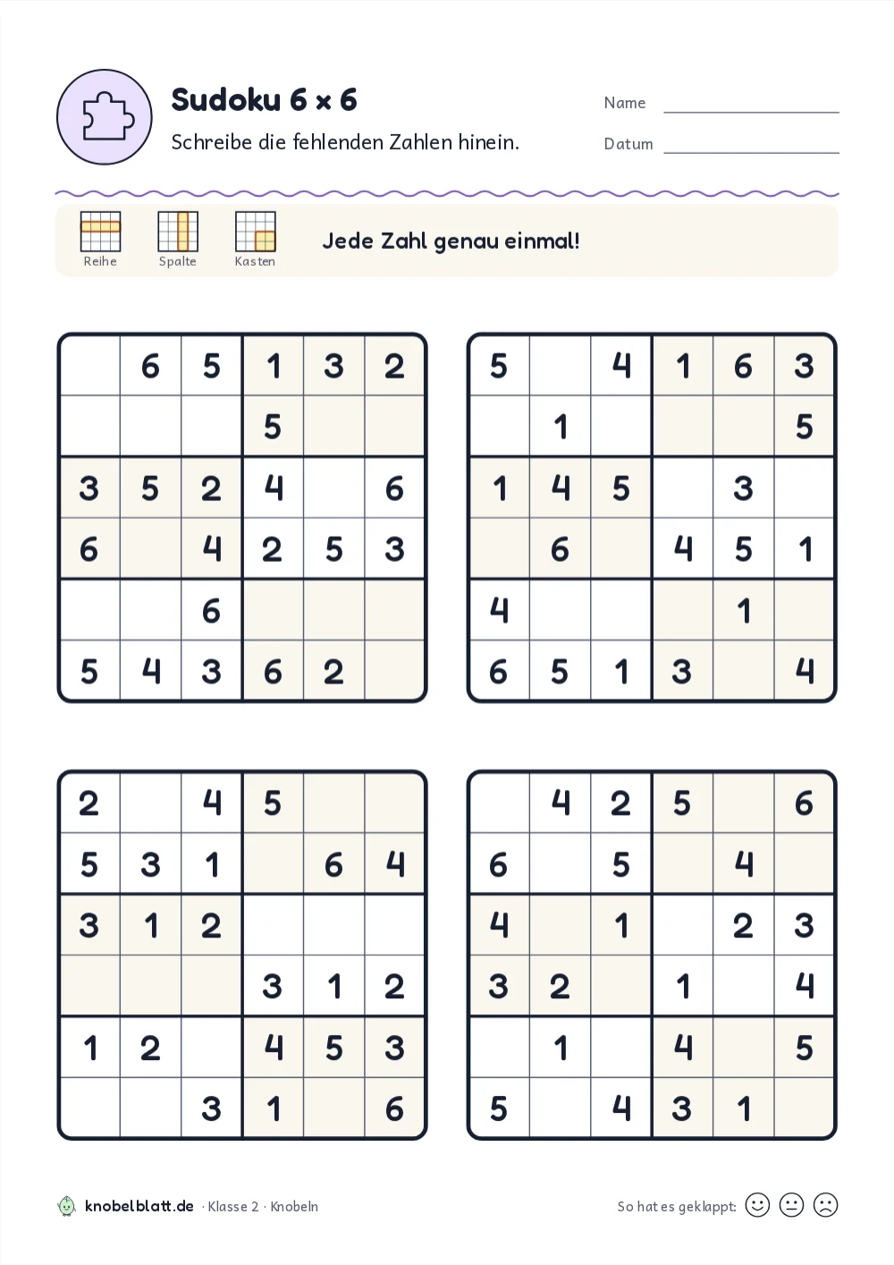 Kinder-Sudoku zum Ausdrucken: 4x4 bis 9x9: „Sudoku 6 × 6“ für Klasse 2. Schreibe die fehlenden Zahlen hinein.