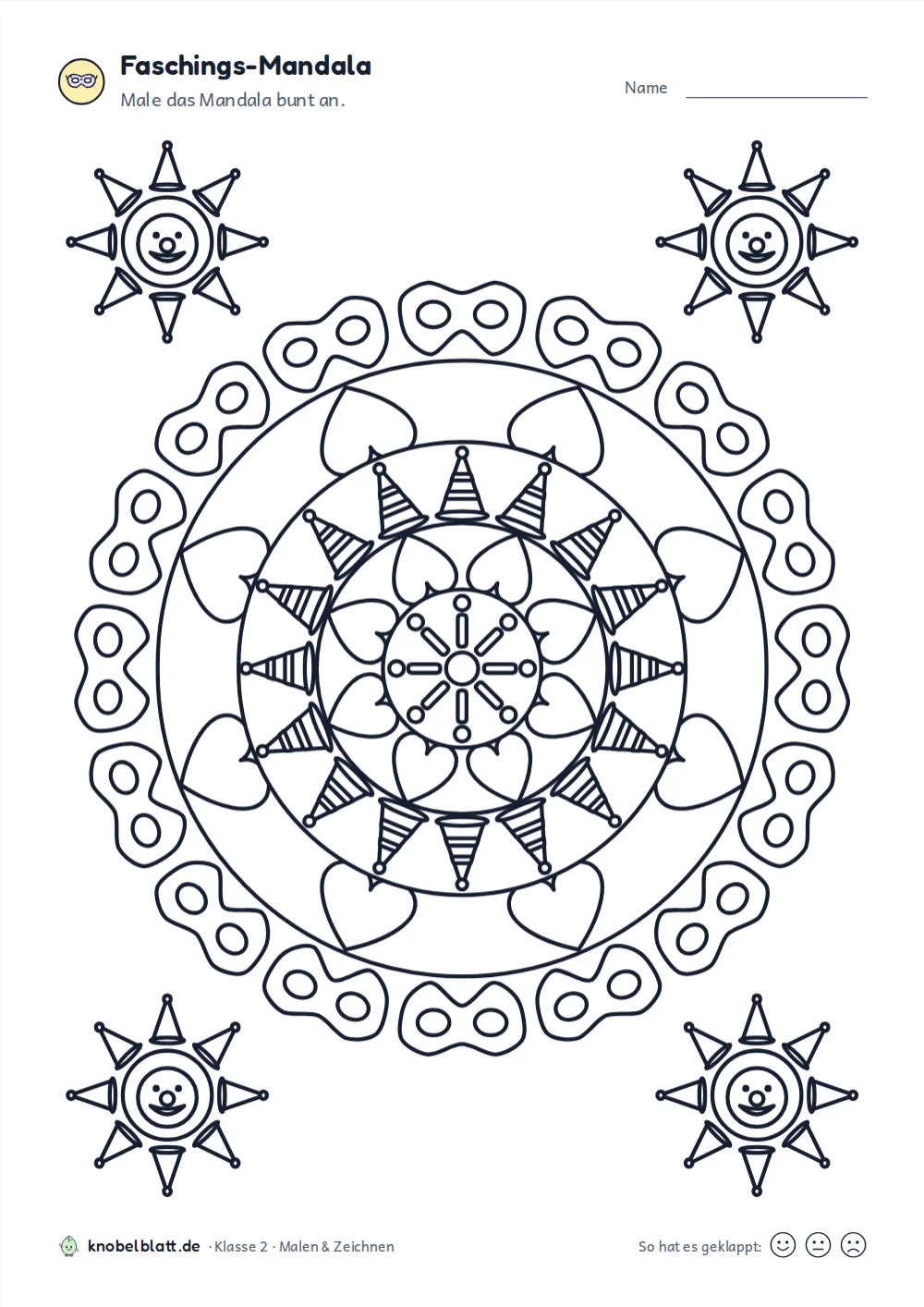 Mandala Fasching und Karneval: „Faschings-Mandala“ für Klasse 2. Male das Mandala bunt an.