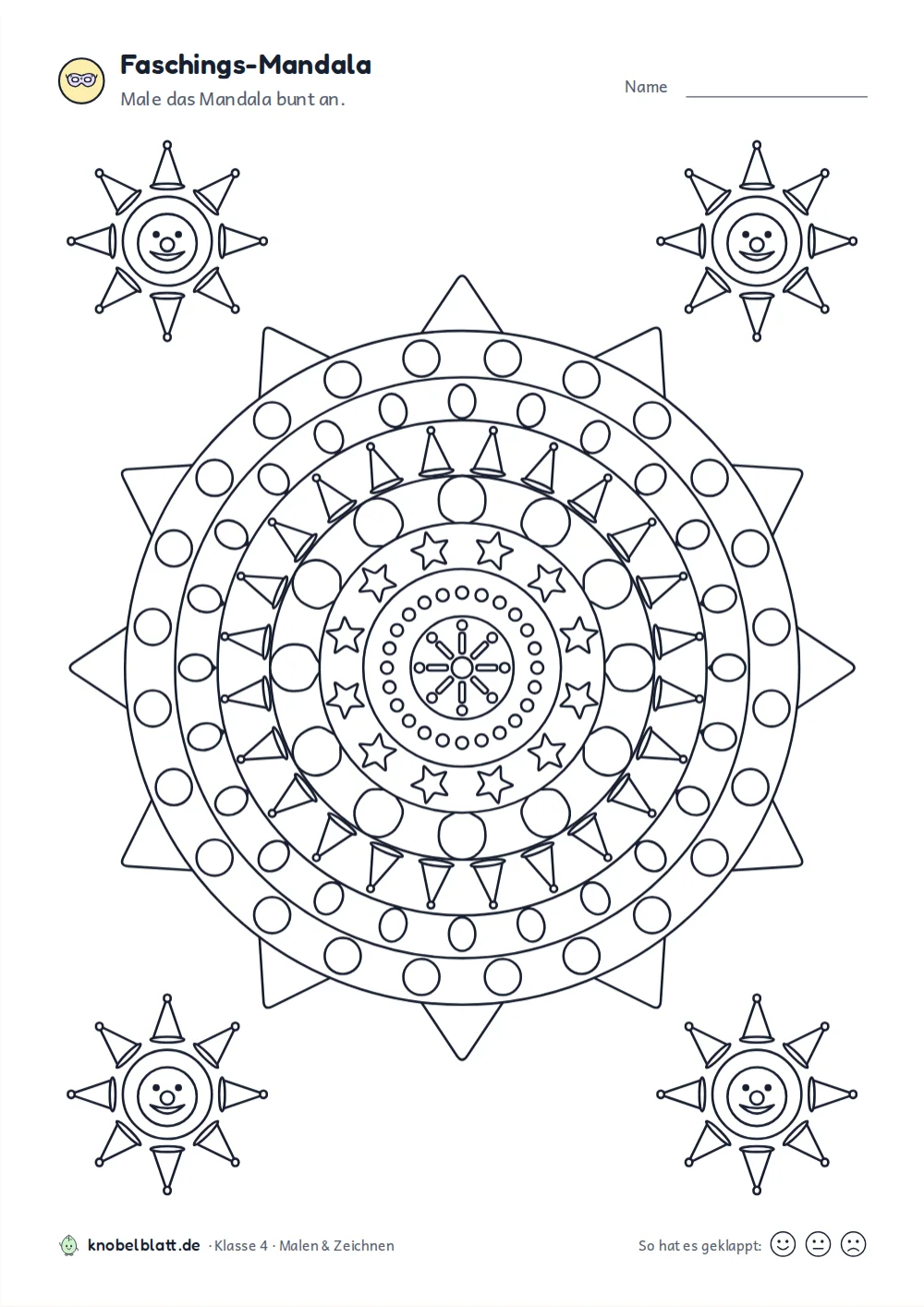 Mandala Fasching und Karneval: „Faschings-Mandala“ für Klasse 4. Male das Mandala bunt an.