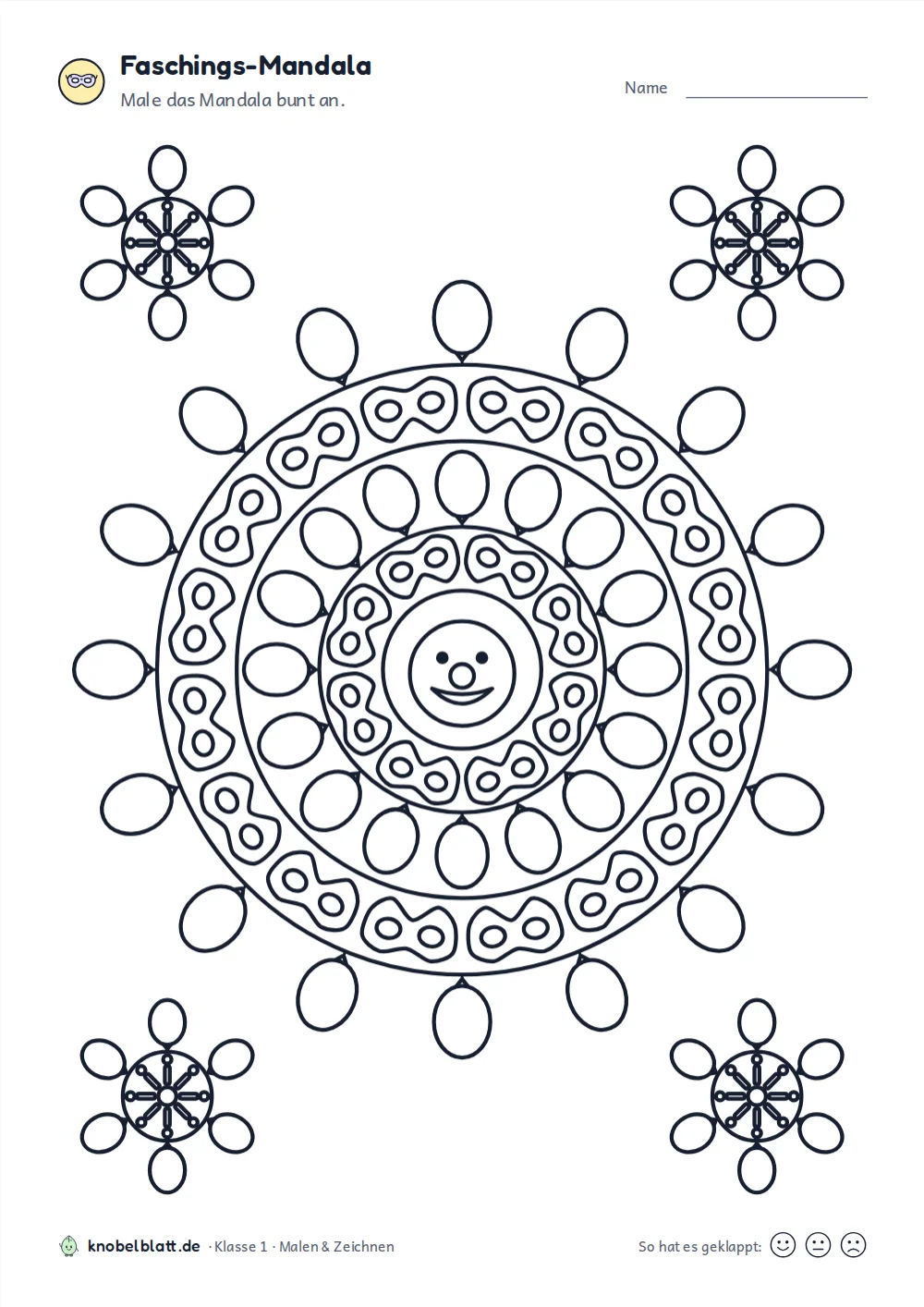 Mandala Fasching und Karneval: Mandala mit Luftballons am Rand und einem Clownsgesicht in der Mitte, Klasse 1