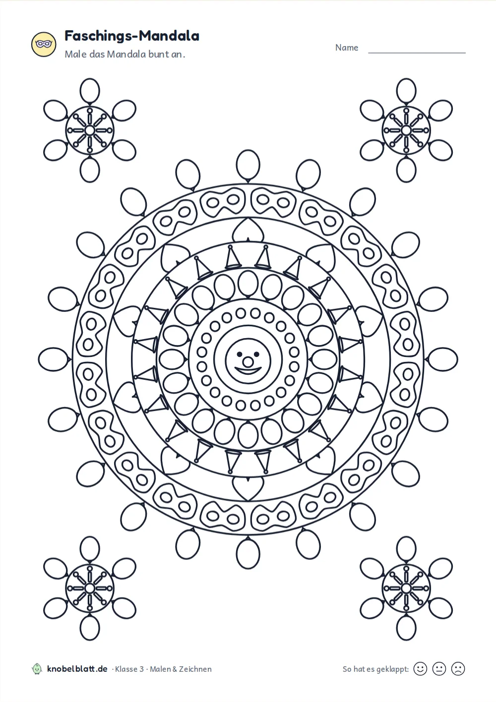 Mandala Fasching und Karneval: Mandala mit Luftballons am Rand und einem Clownsgesicht in der Mitte, Klasse 3
