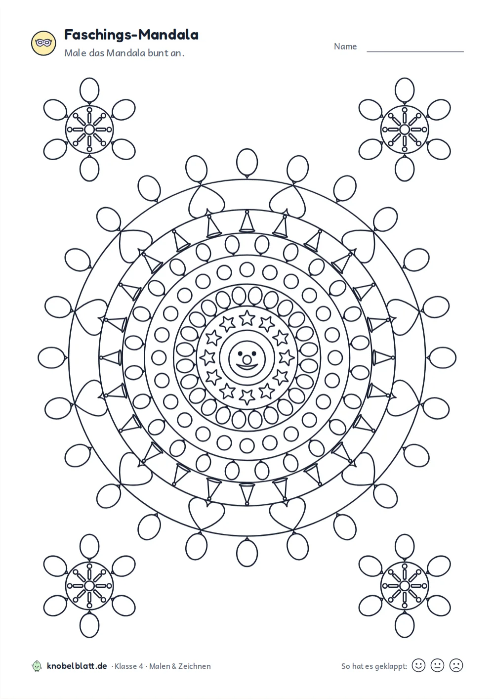 Mandala Fasching und Karneval: Mandala mit Luftballons am Rand und einem Clownsgesicht in der Mitte, Klasse 4