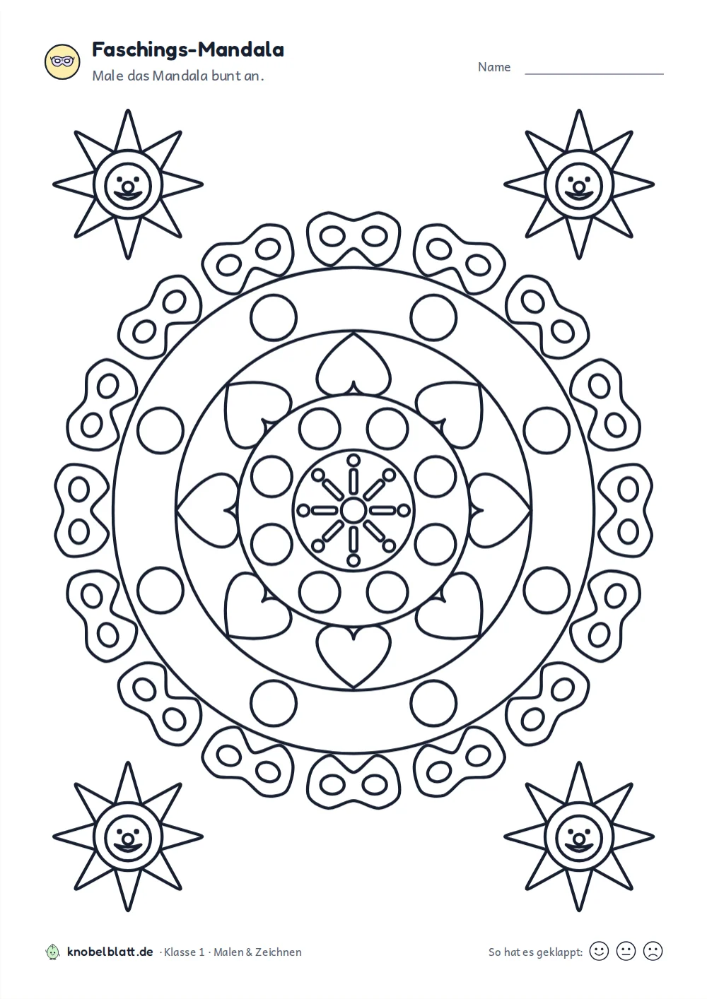 Mandala Fasching und Karneval: Mandala mit Masken am Rand und einem Feuerwerksstern in der Mitte, Klasse 1
