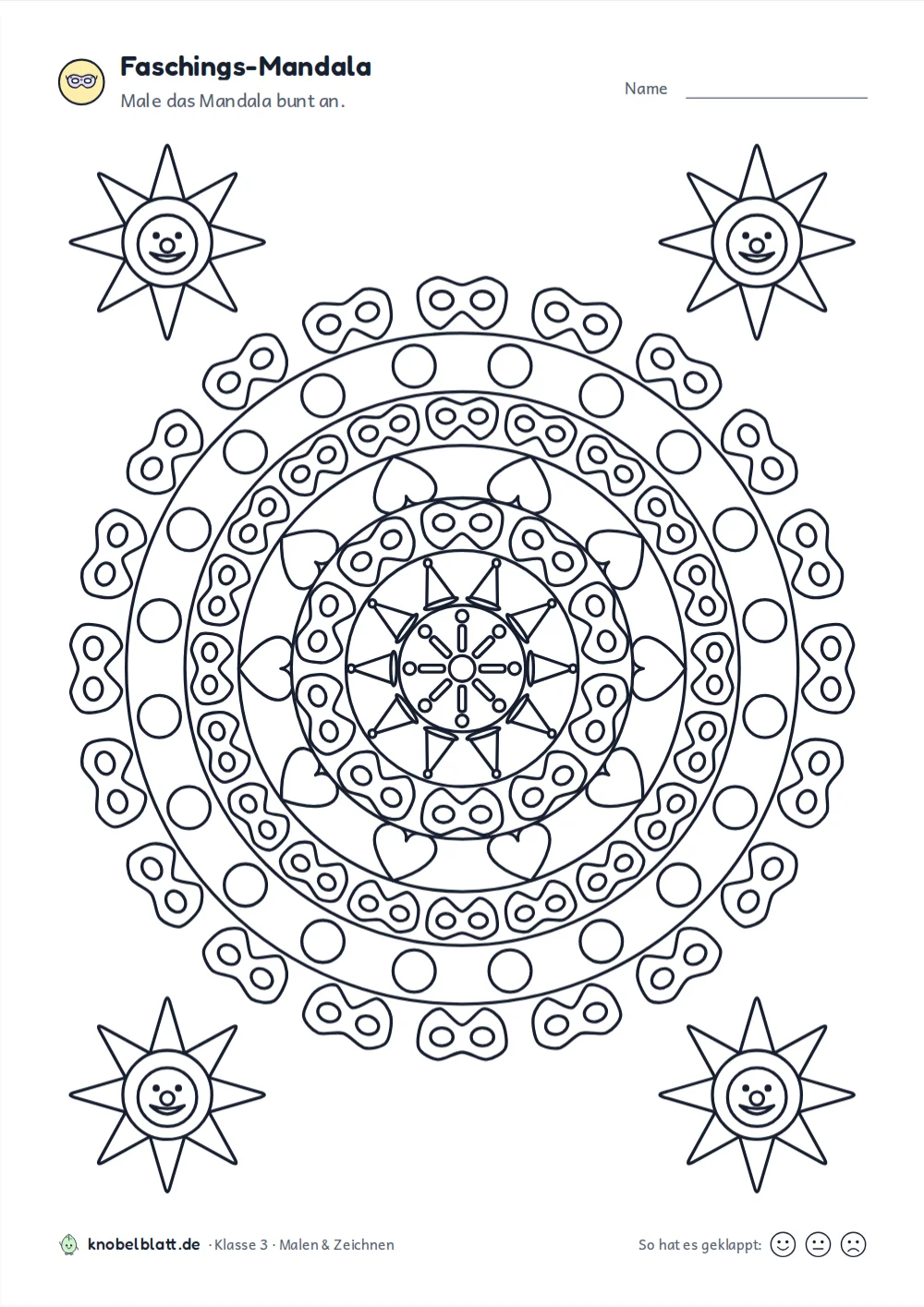 Mandala Fasching und Karneval: Mandala mit Masken am Rand und einem Feuerwerksstern in der Mitte, Klasse 3