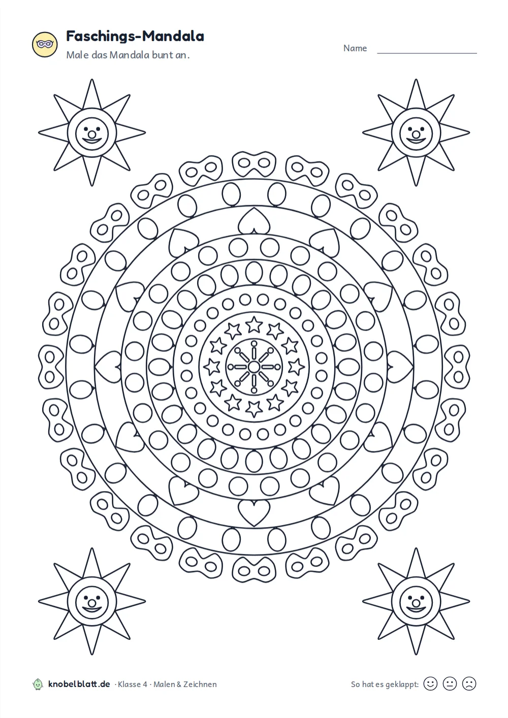 Mandala Fasching und Karneval: Mandala mit Masken am Rand und einem Feuerwerksstern in der Mitte, Klasse 4