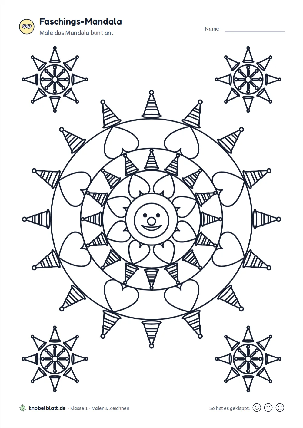 Mandala Fasching und Karneval: Mandala mit Partyhüten am Rand und einem Clownsgesicht in der Mitte, Klasse 1