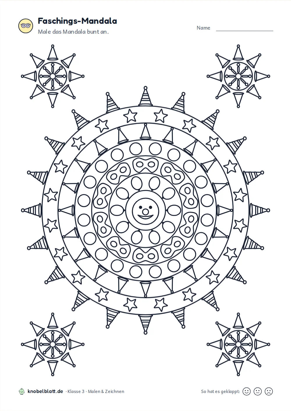 Mandala Fasching und Karneval: Mandala mit Partyhüten am Rand und einem Clownsgesicht in der Mitte, Klasse 3