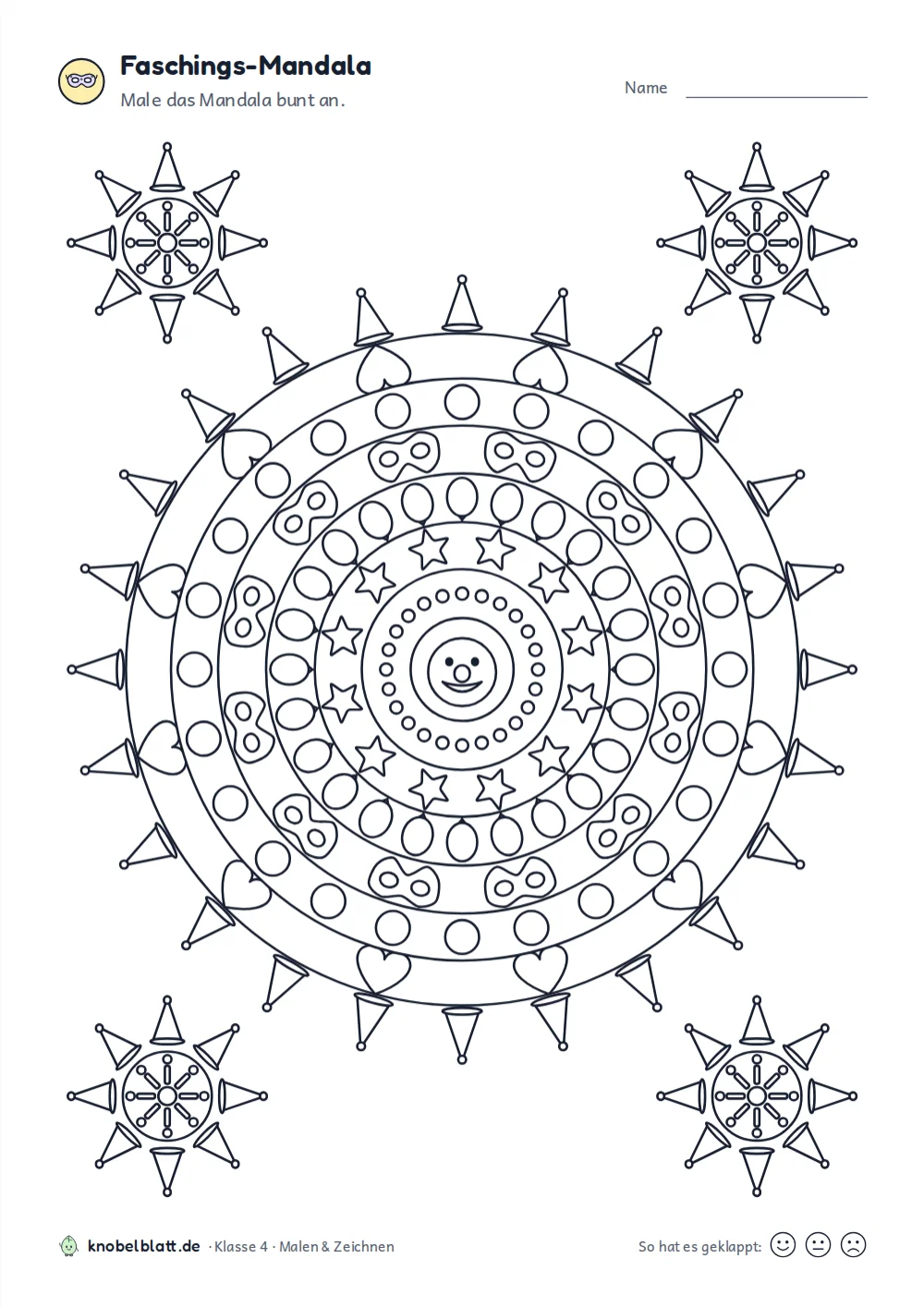 Mandala Fasching und Karneval: Mandala mit Partyhüten am Rand und einem Clownsgesicht in der Mitte, Klasse 4