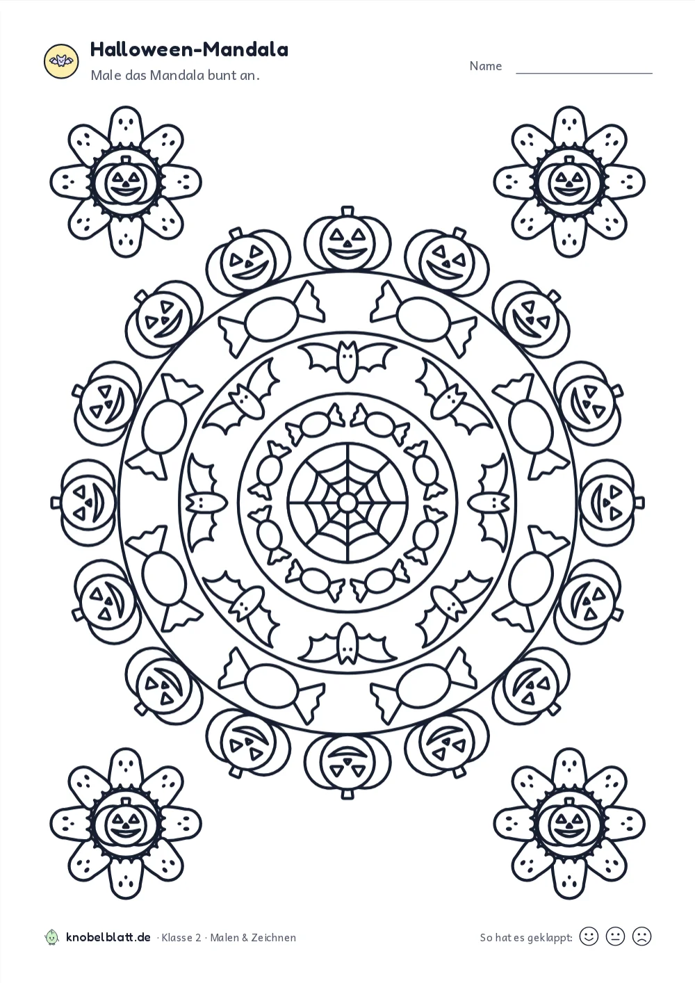 Mandala Halloween zum Ausdrucken: „Halloween-Mandala“ für Klasse 2. Male das Mandala bunt an.